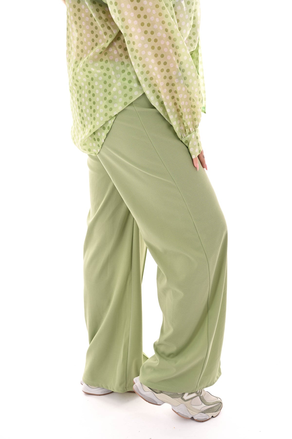 Wijde broek elastieken band met naad uni pistache