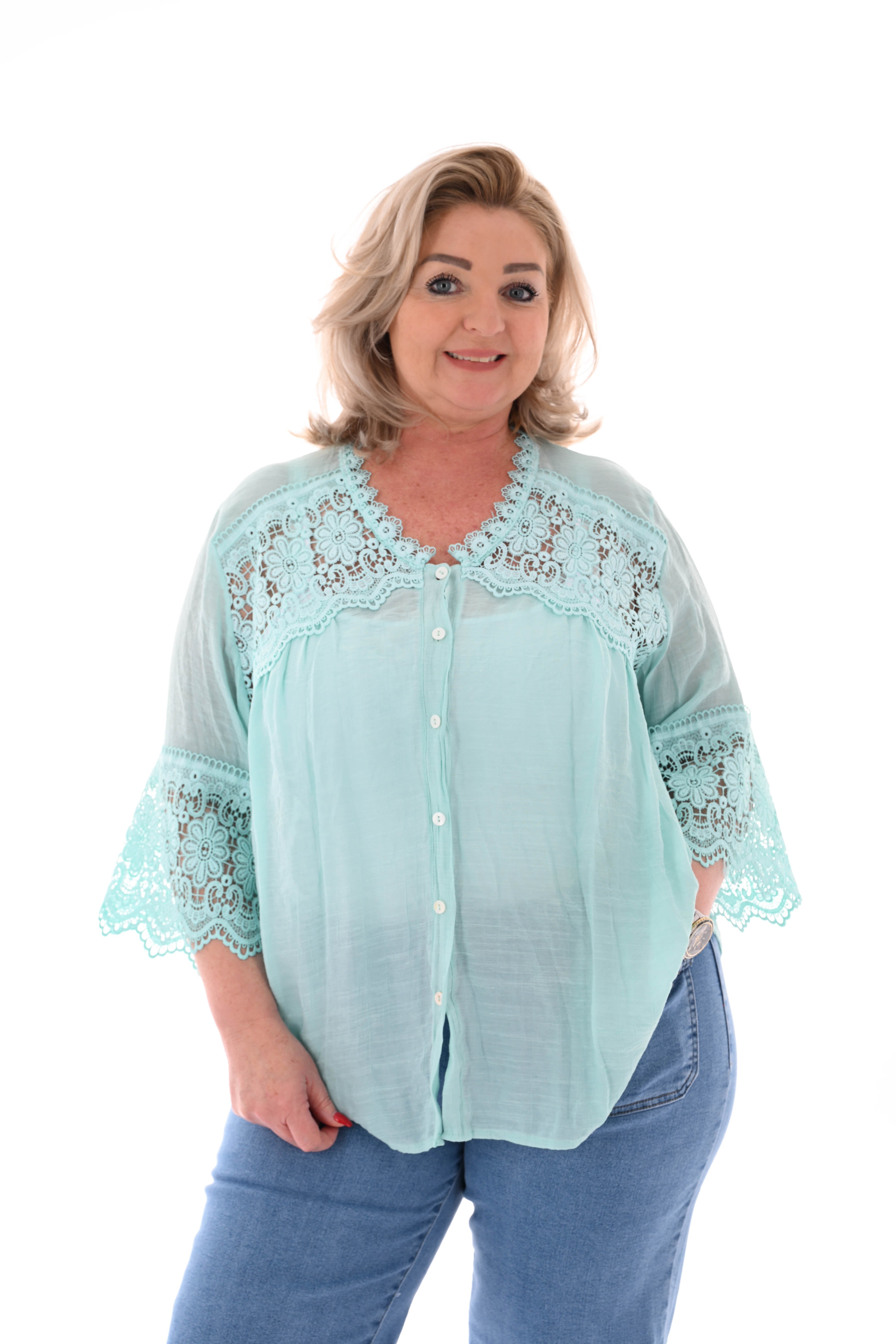 Blouse broderie detail 3/4e mouwen turquoise