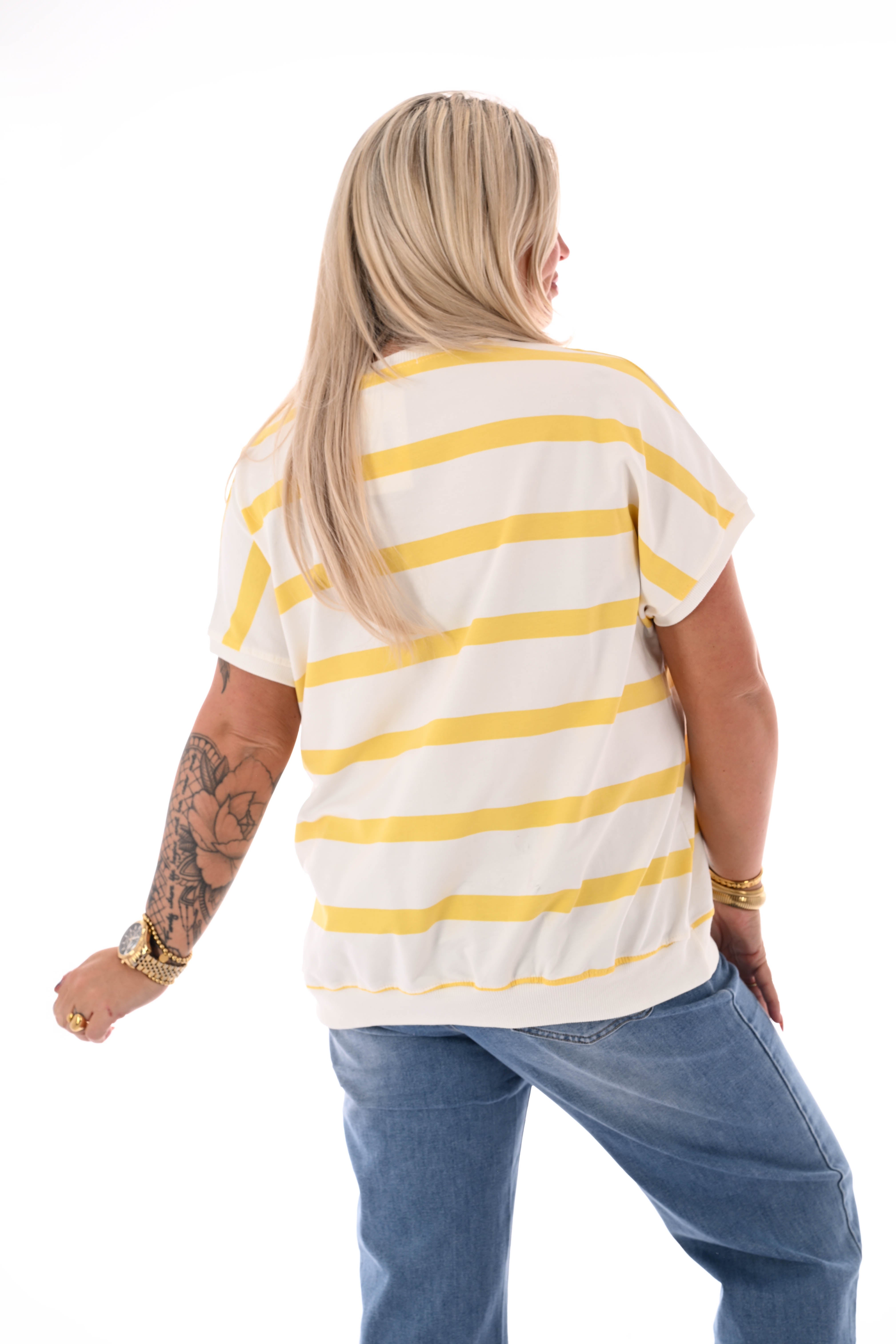 T-shirt smalle streep v-hals geel