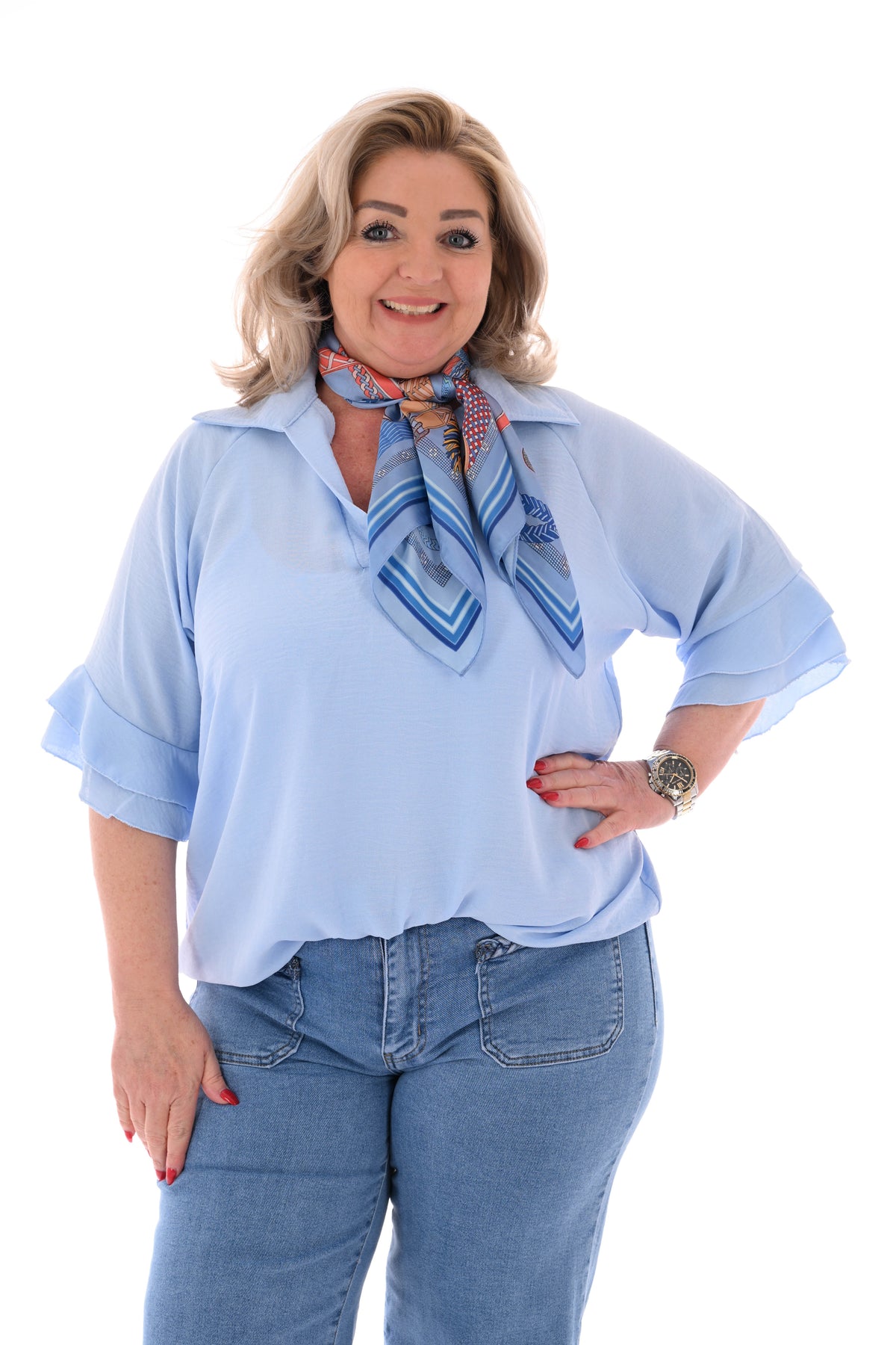 Top v-hals met korte roezelmouwen lichtblauw