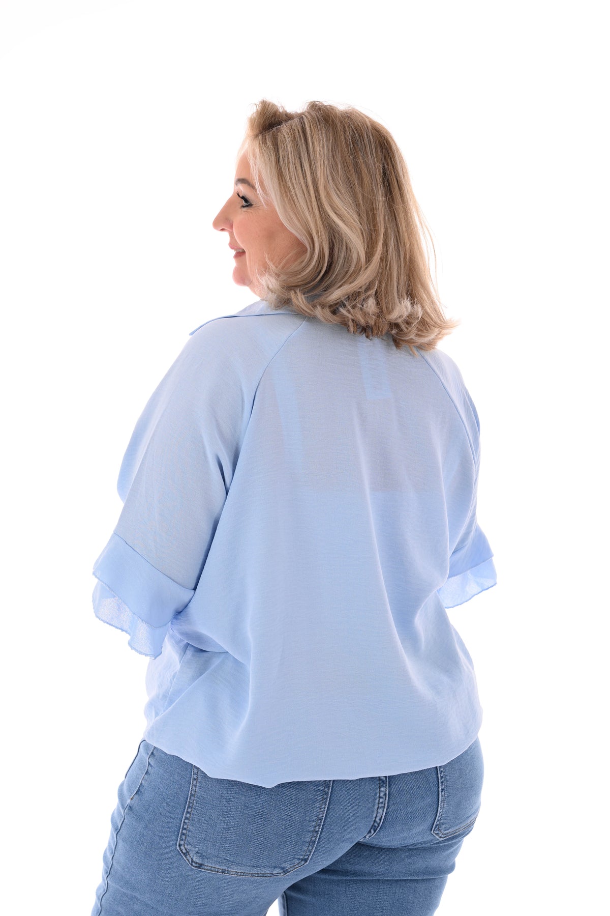 Top v-hals met korte roezelmouwen lichtblauw