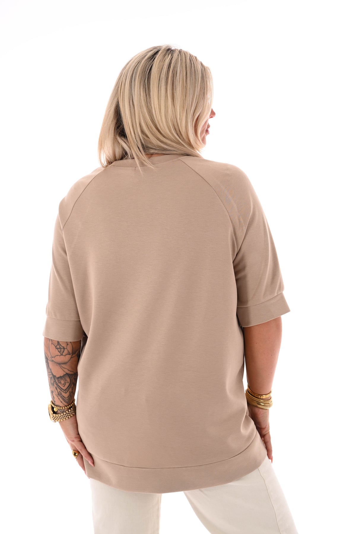 Sweater korte mouwen met strik taupe