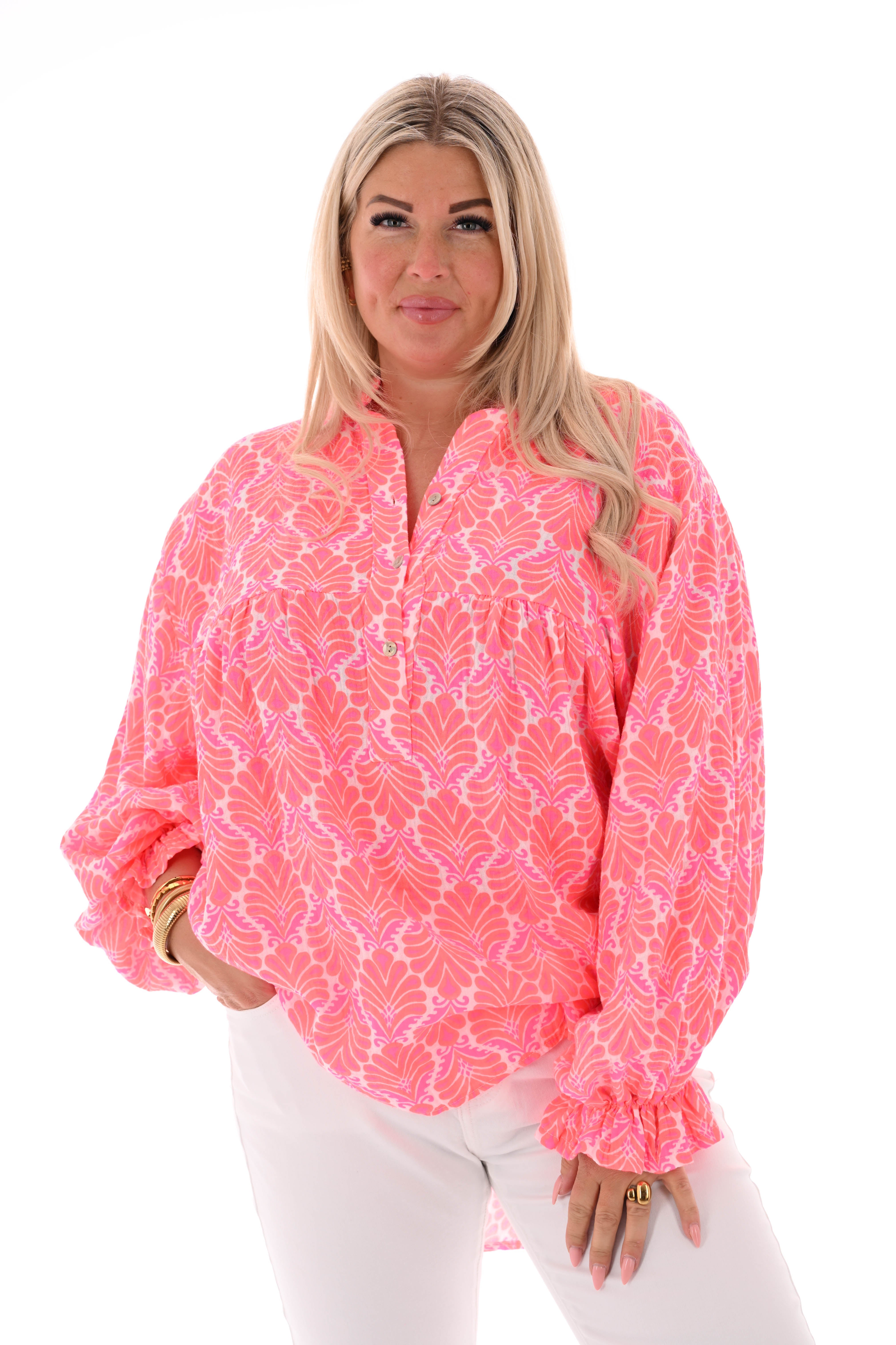 Blouse roezelmouwen abstracte bloemen roomwit/oranje