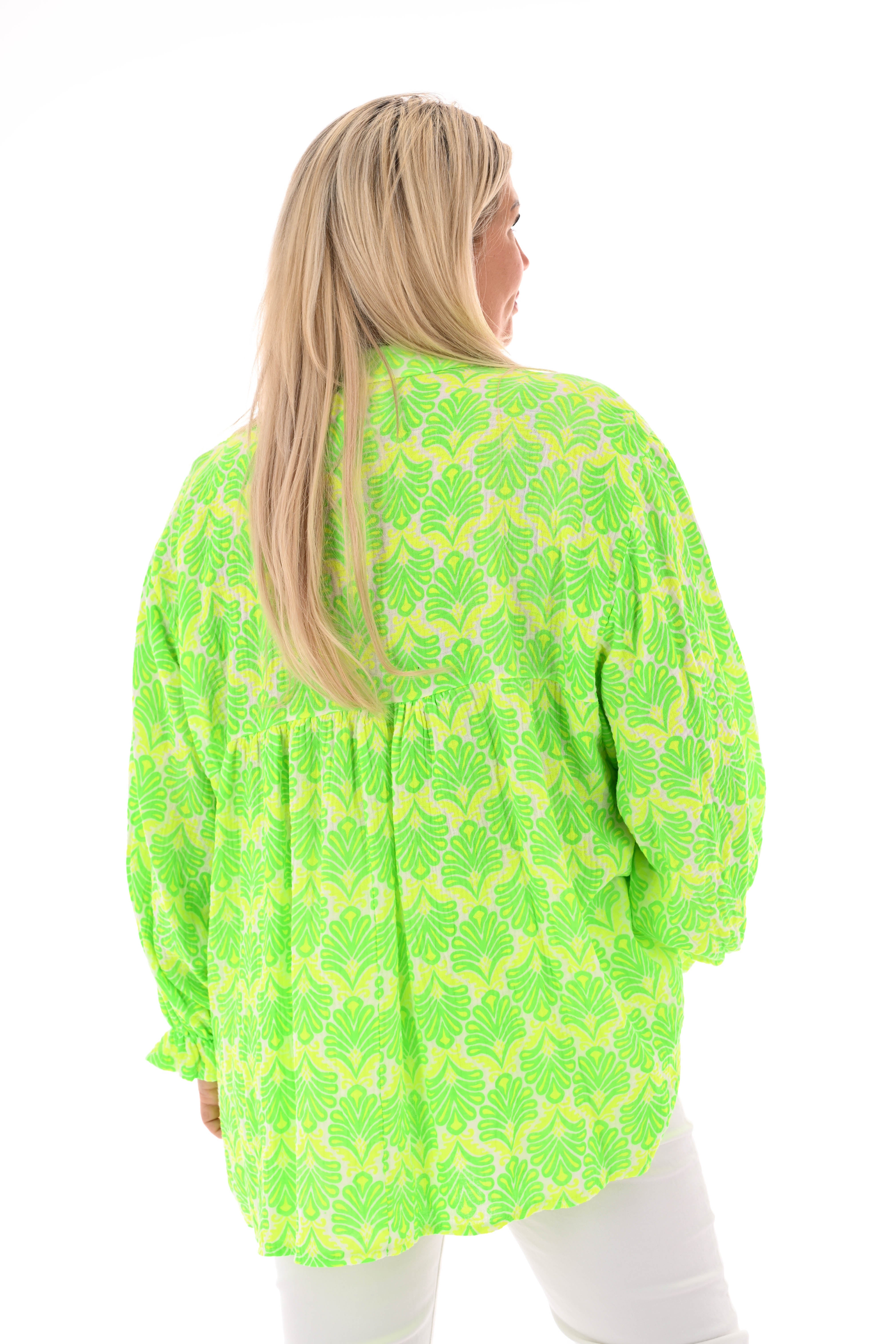 Blouse roezelmouwen abstracte bloemen roomwit/groen