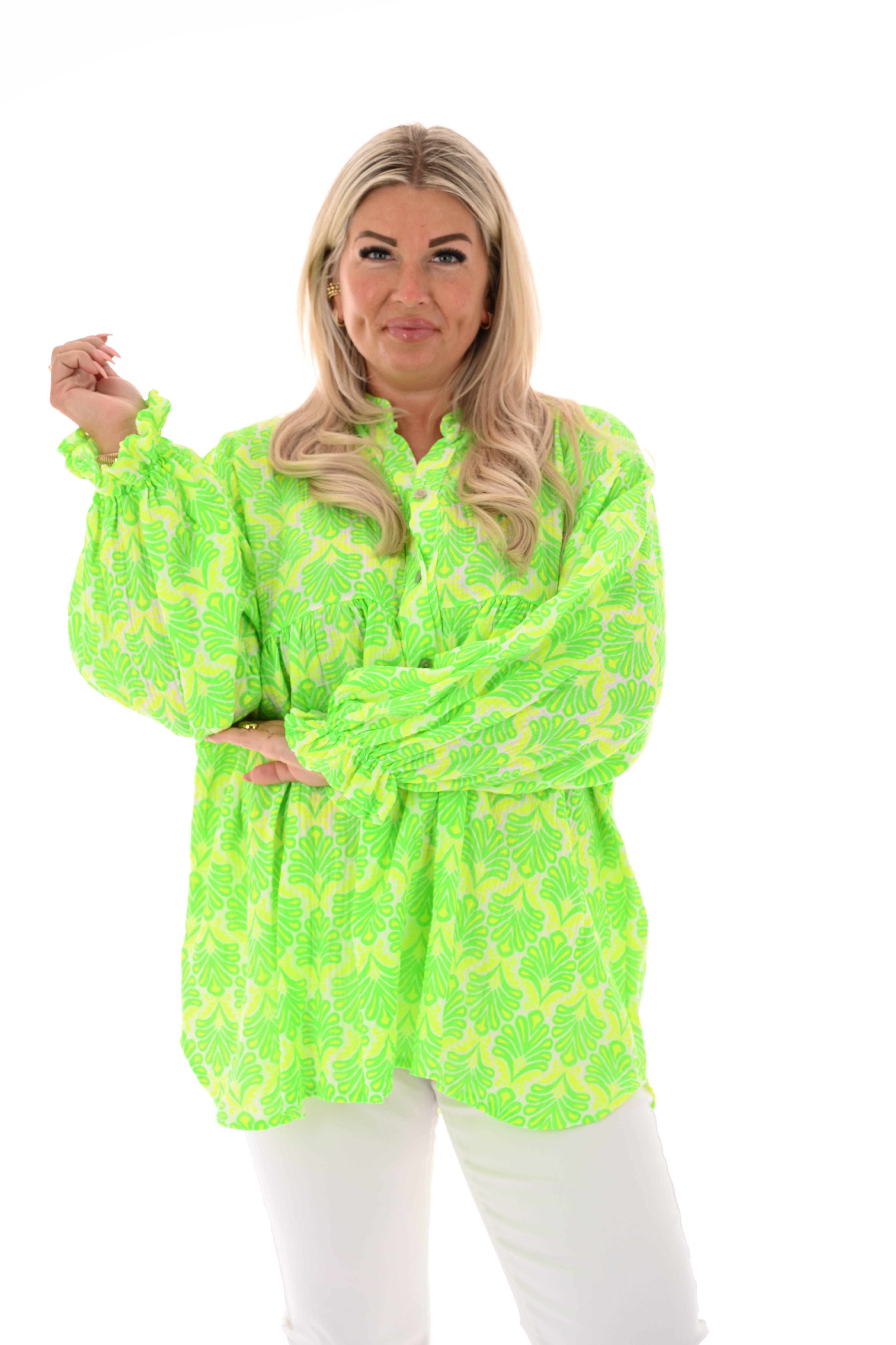 Blouse roezelmouwen abstracte bloemen roomwit/groen