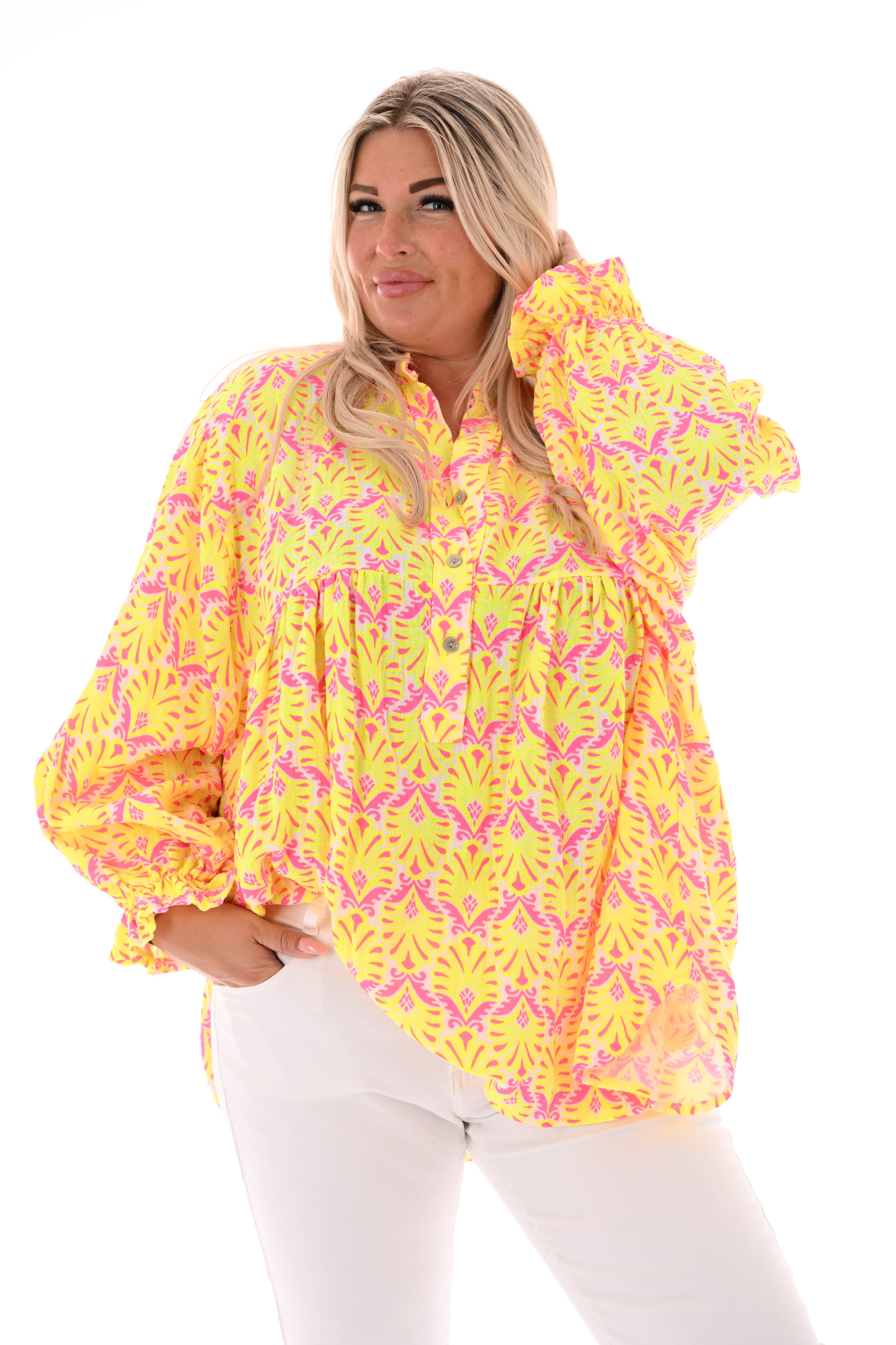 Blouse roezelmouwen abstracte bloemen roomwit/geel