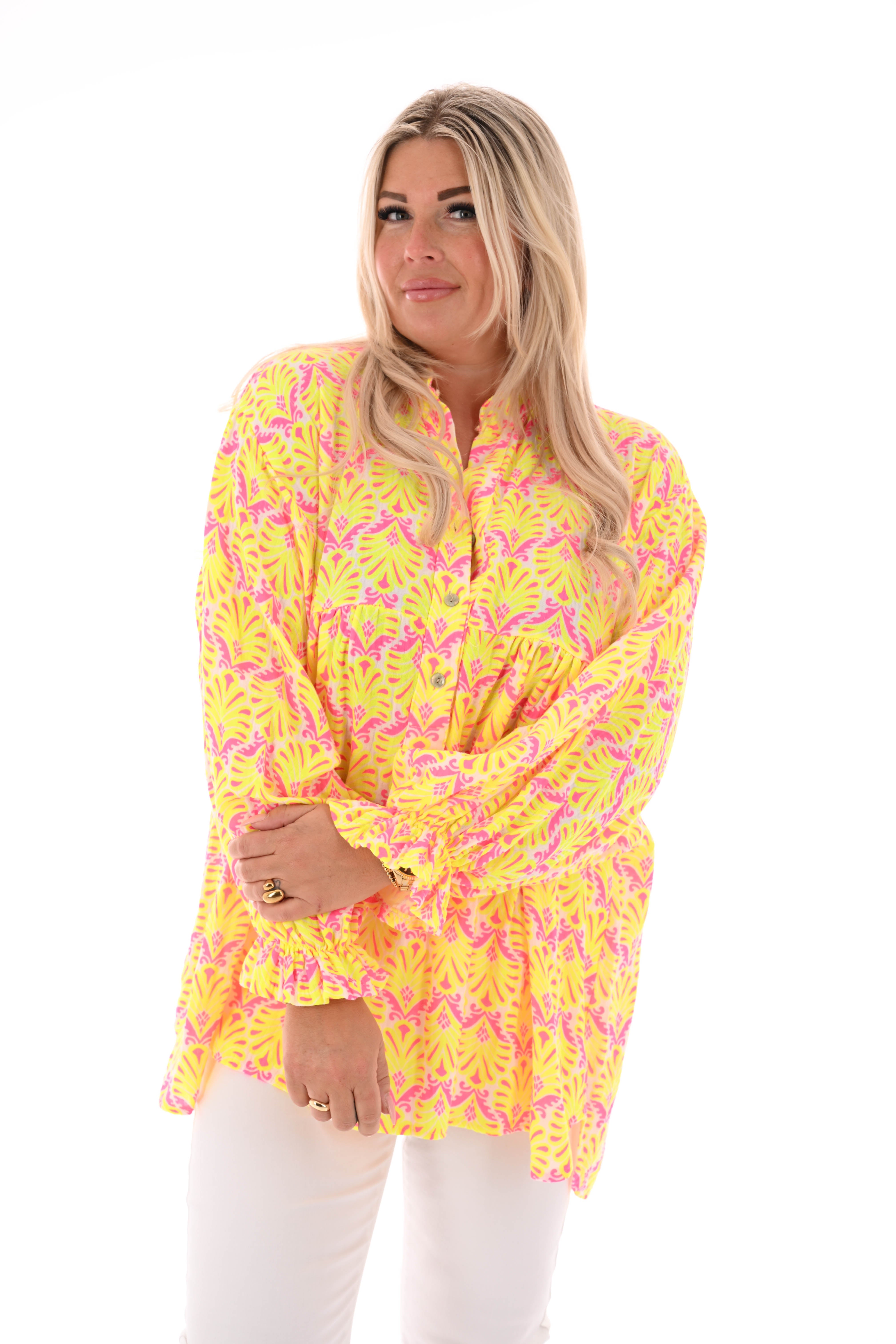 Blouse roezelmouwen abstracte bloemen roomwit/geel