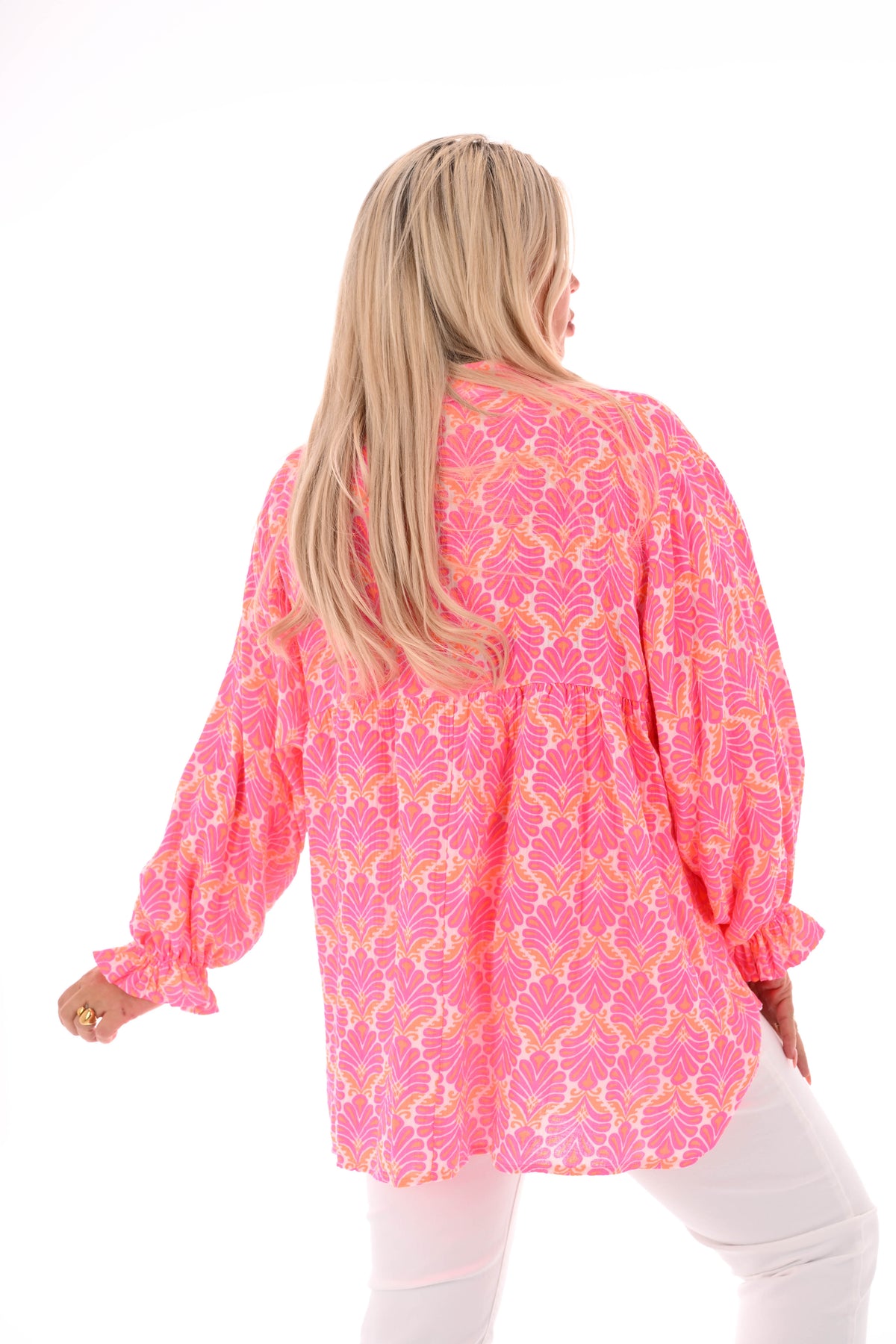 Blouse roezelmouwen abstracte bloemen roomwit/fuchsia