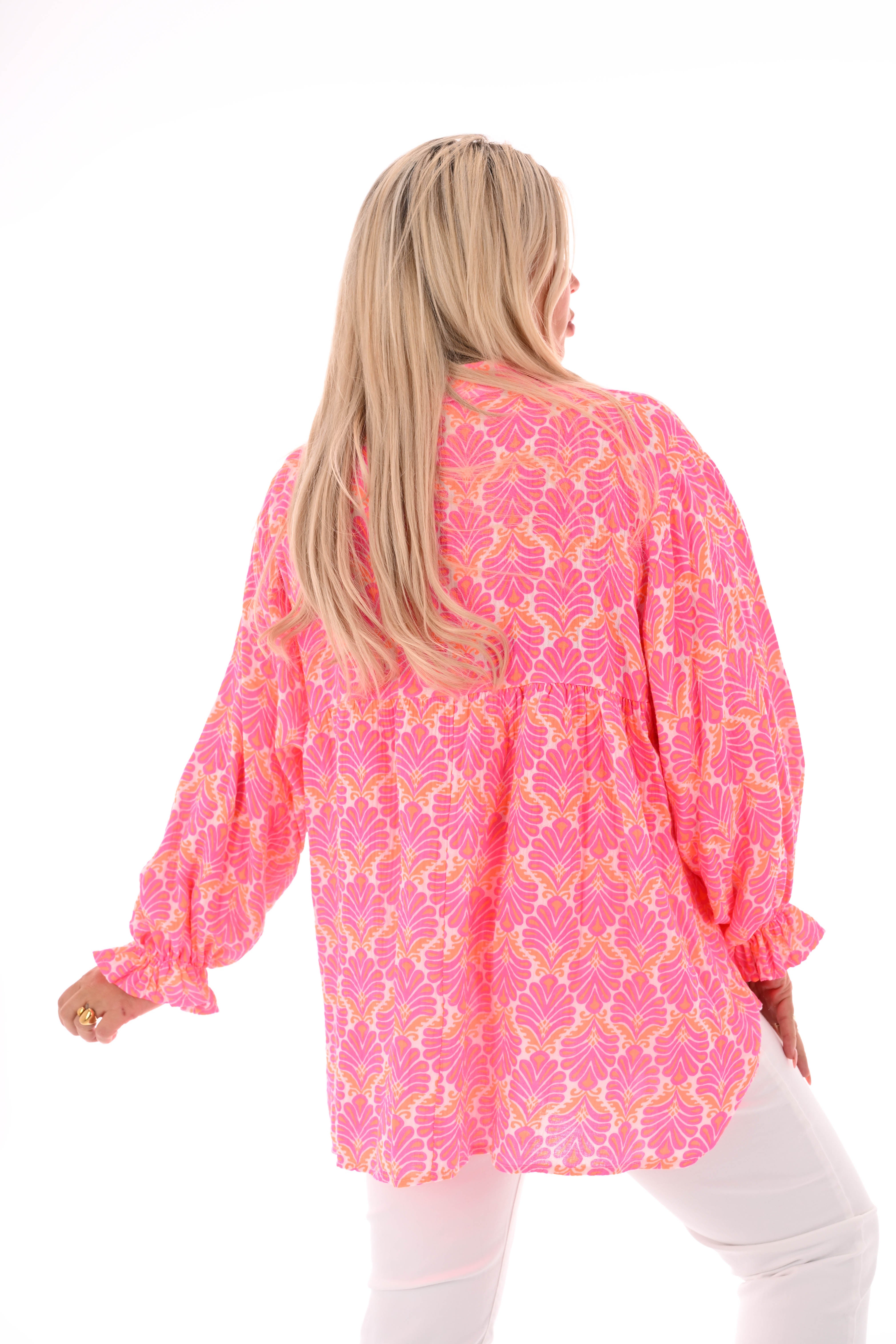 Blouse roezelmouwen abstracte bloemen roomwit/fuchsia