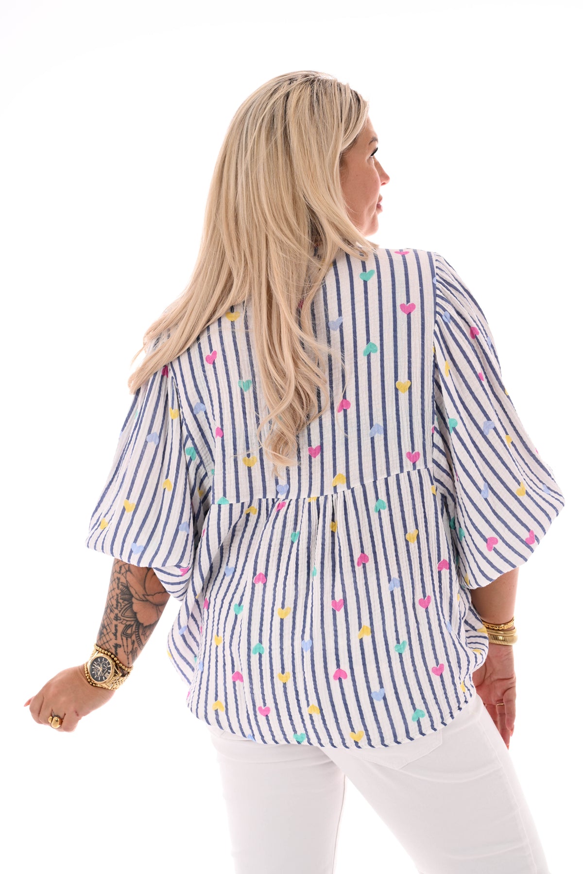 Blouse roezelmouwen strepen en hartjes jeansblauw