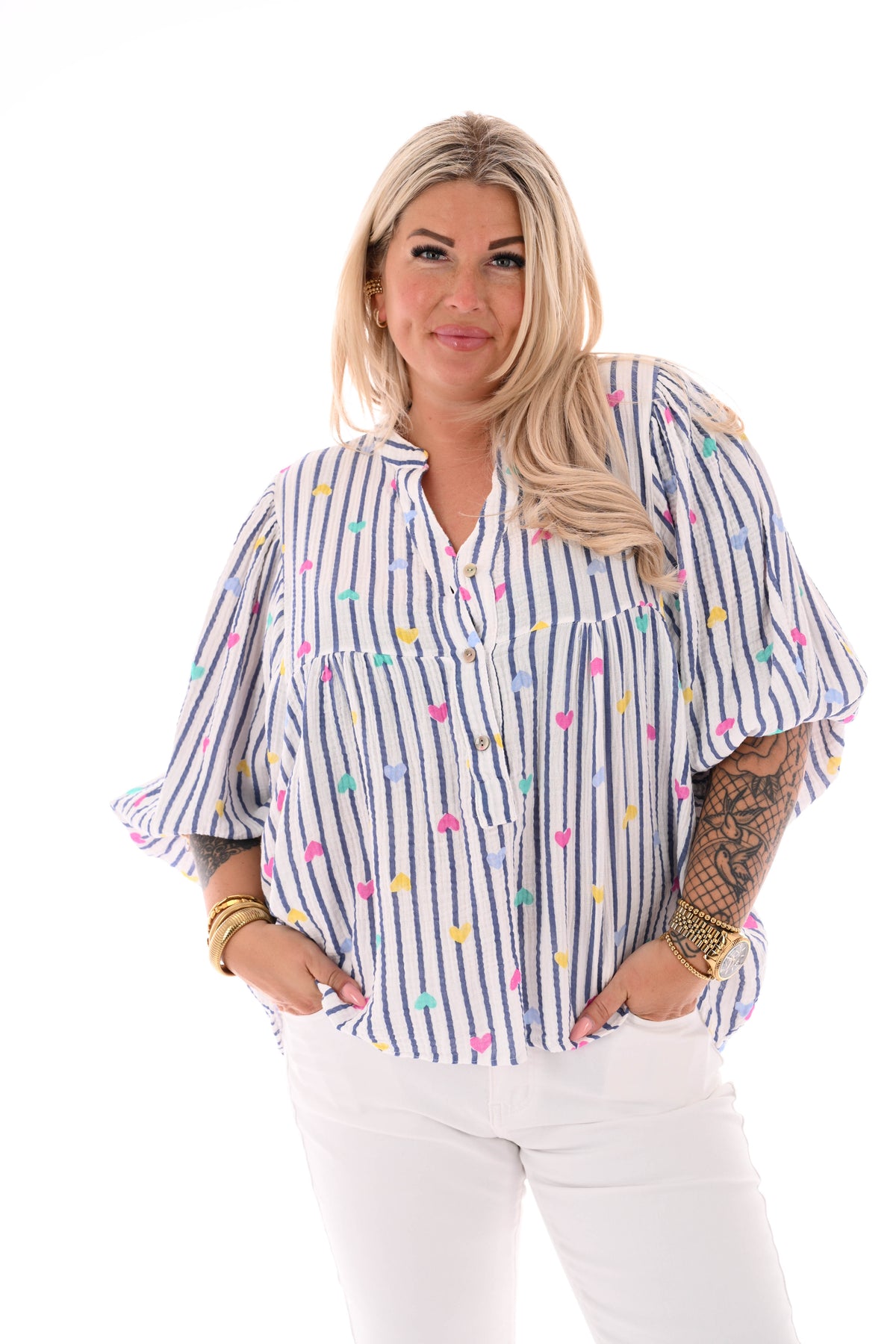 Blouse roezelmouwen strepen en hartjes jeansblauw