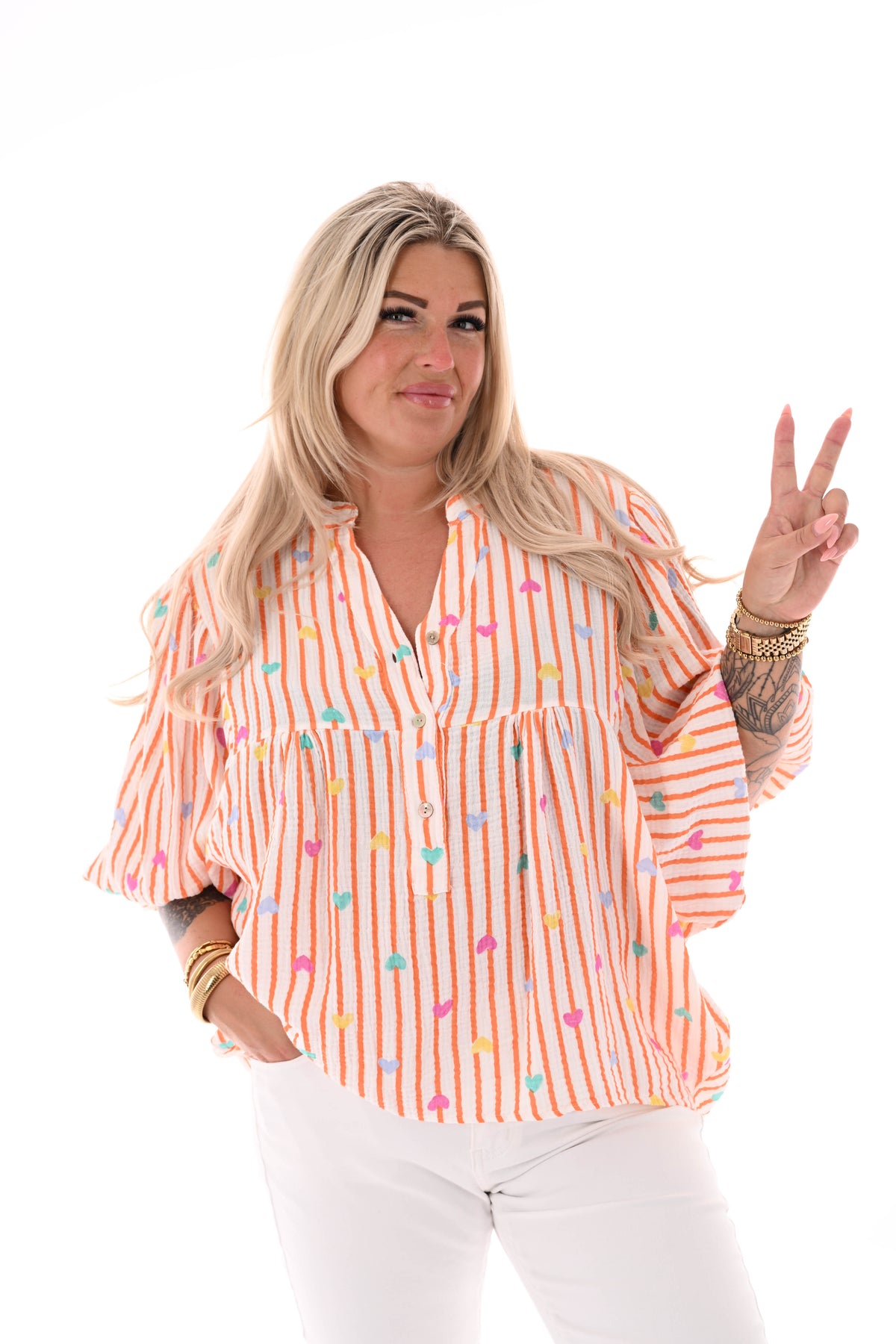 Blouse roezelmouwen strepen en hartjes oranje