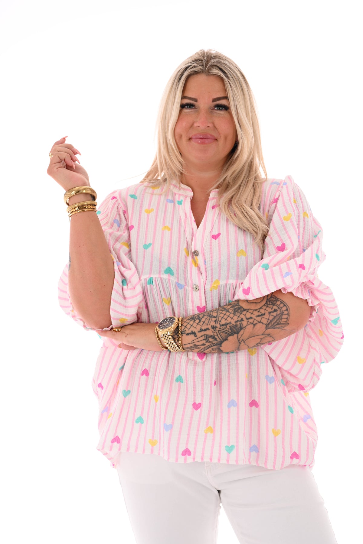 Blouse roezelmouwen strepen en hartjes lichtroze