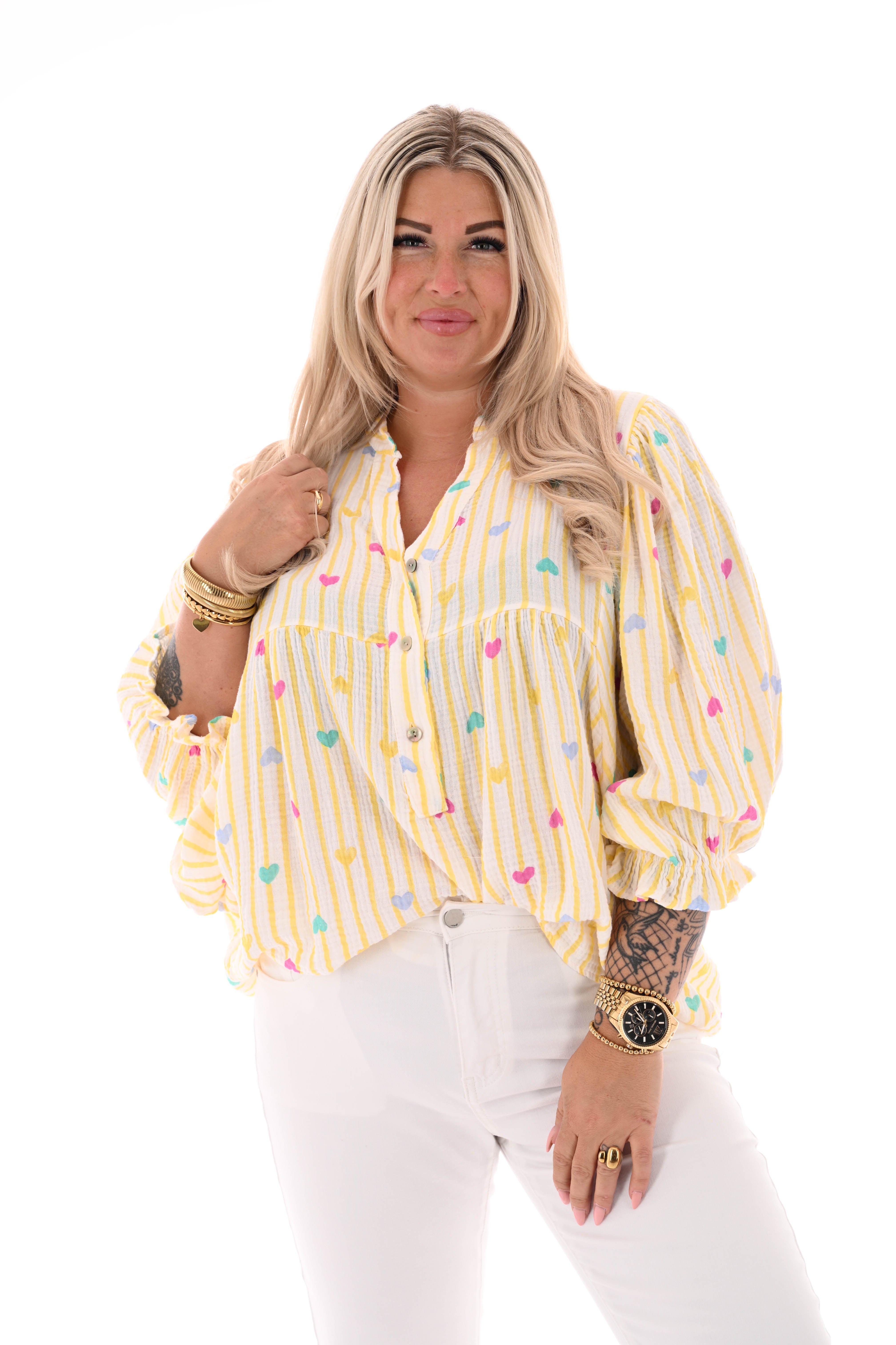 Blouse roezelmouwen strepen en hartjes geel