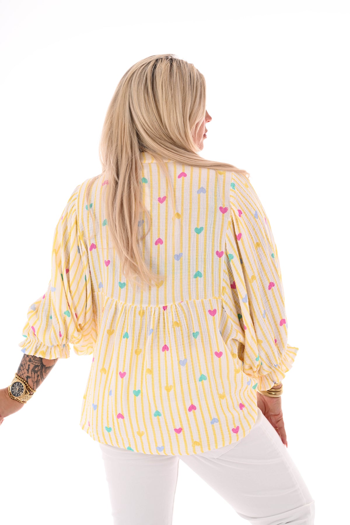 Blouse roezelmouwen strepen en hartjes geel