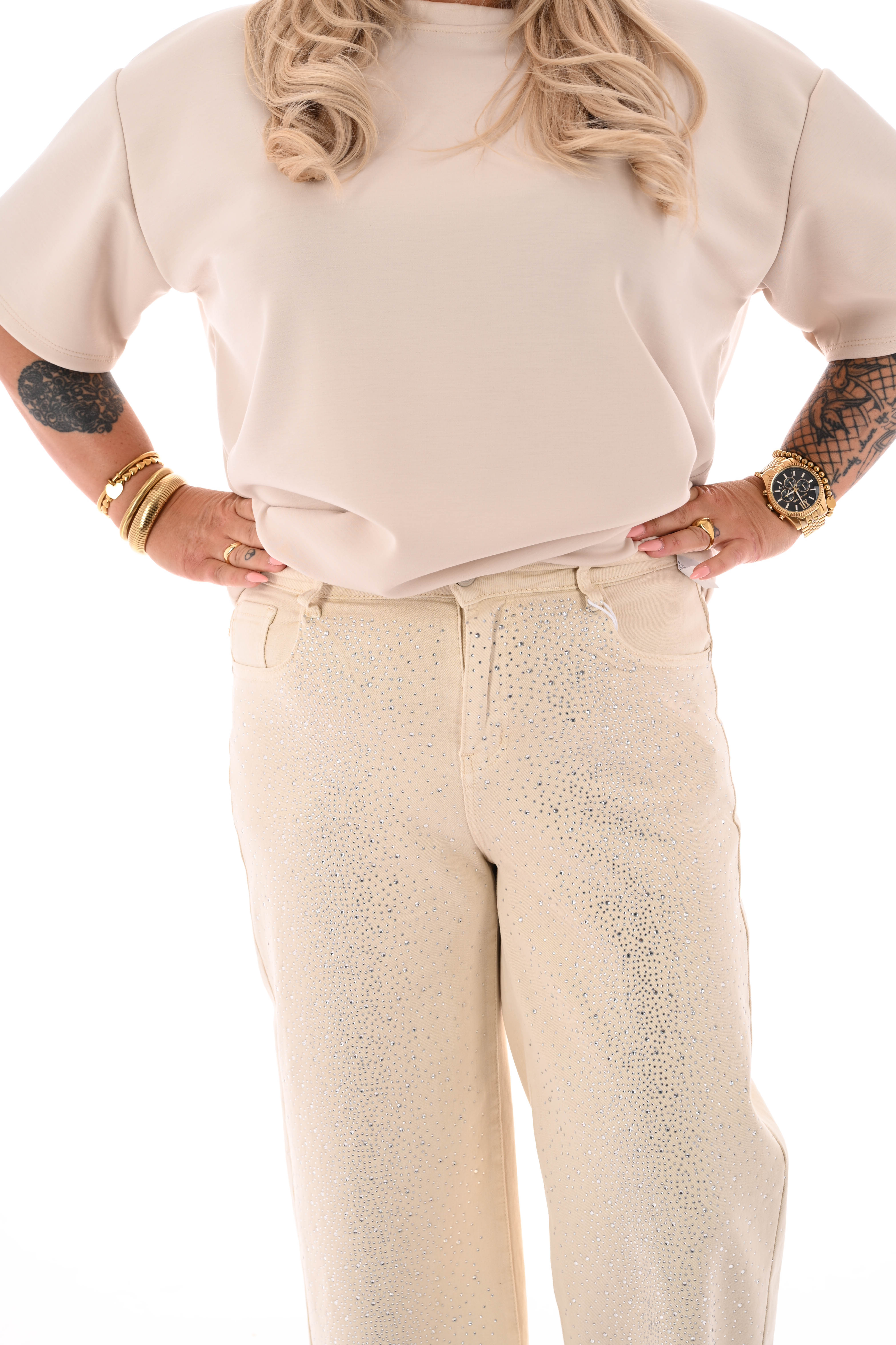 Hello Miss wide leg strass beige