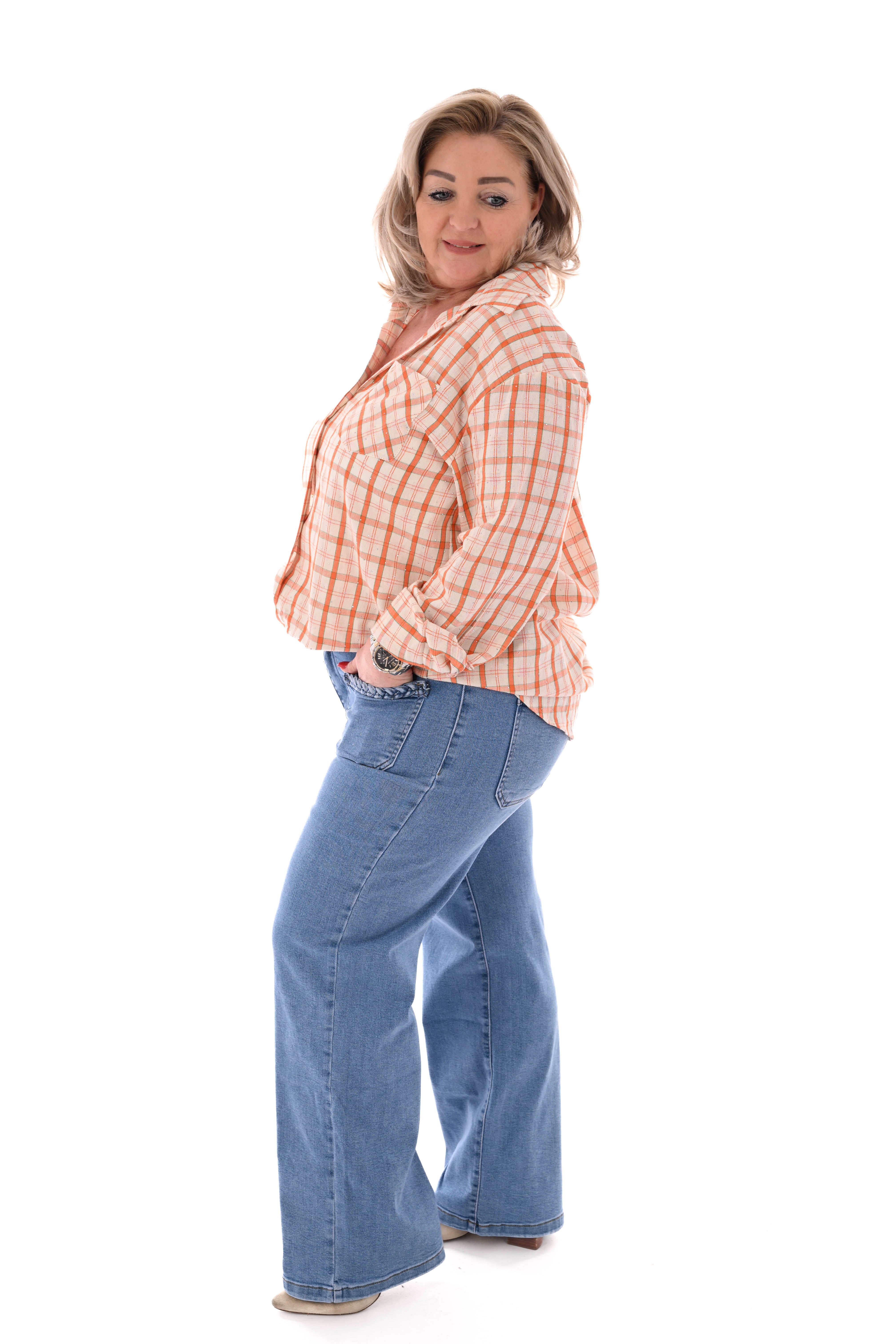 Houthakkers blouse ruitpatroon strass oranje