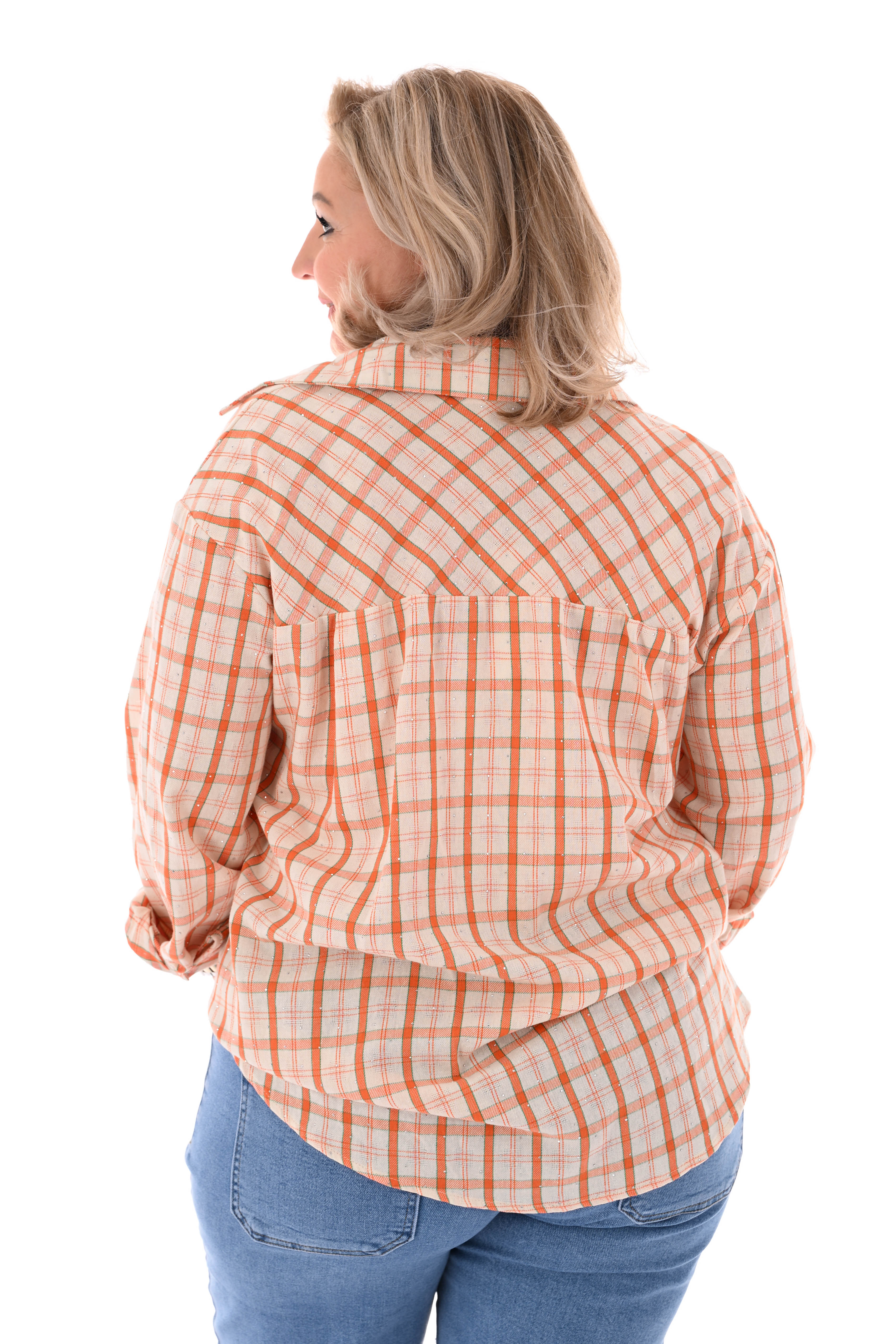 Houthakkers blouse ruitpatroon strass oranje
