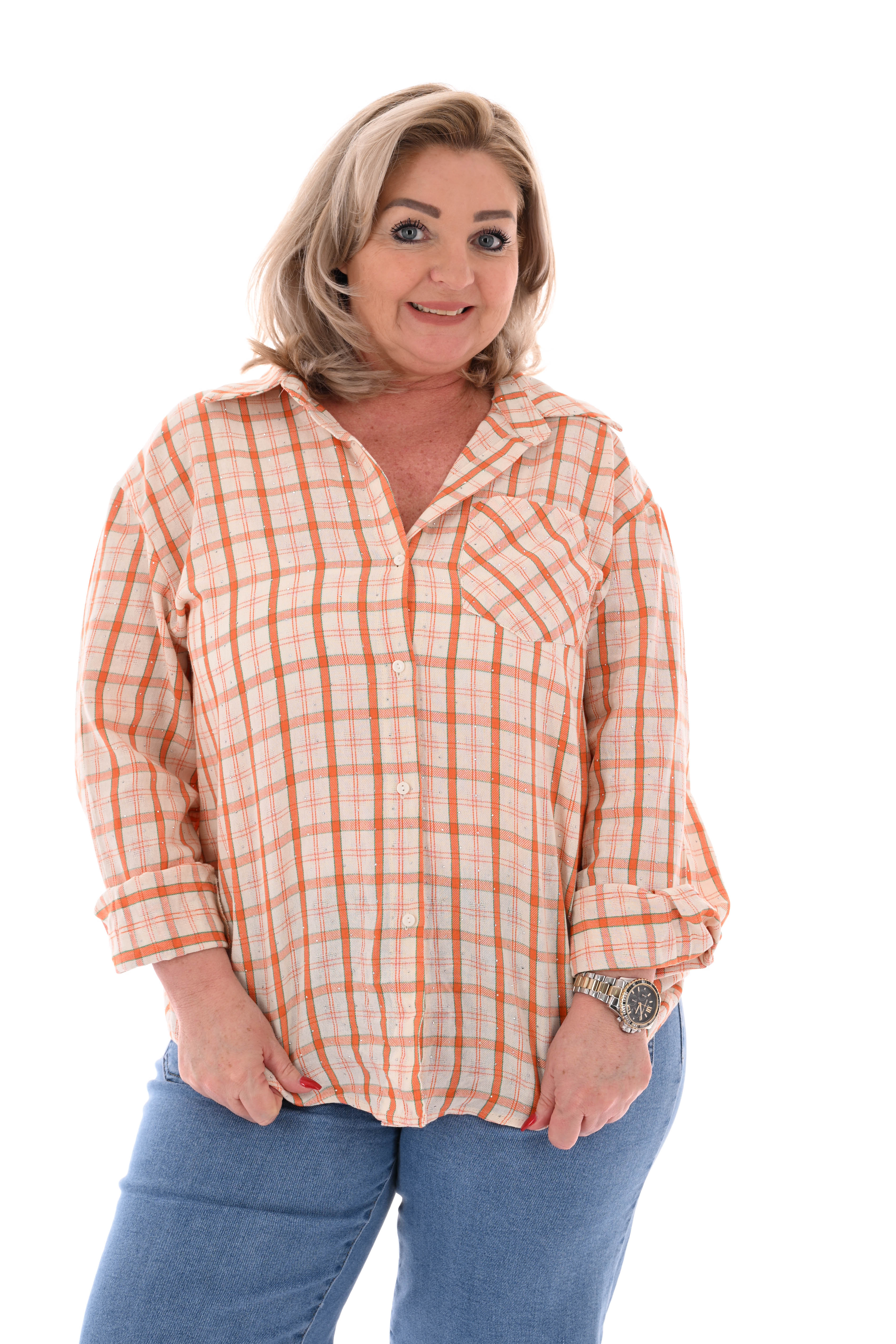 Houthakkers blouse ruitpatroon strass oranje