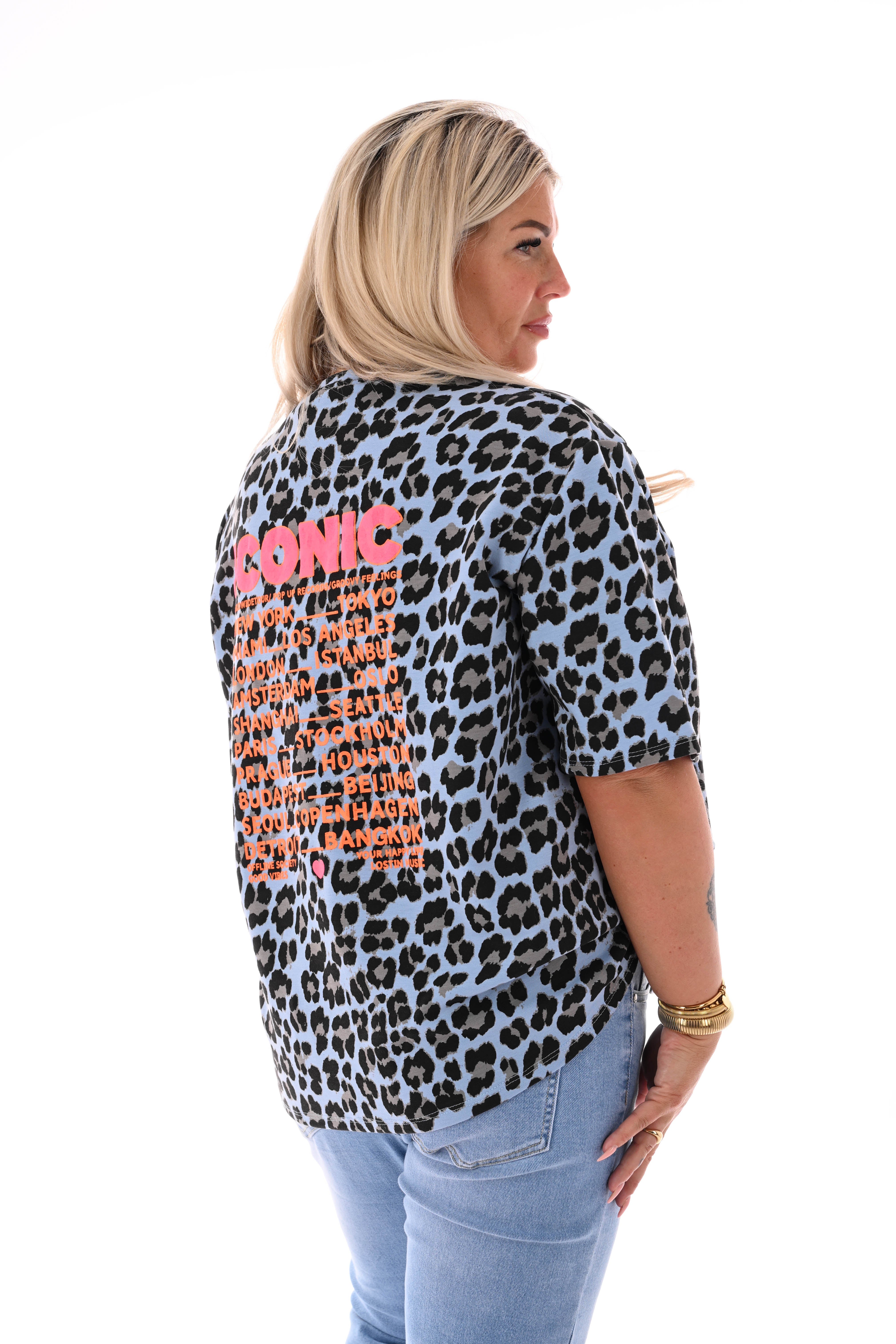 Sweater korte mouwen panterprint Iconic lichtblauw