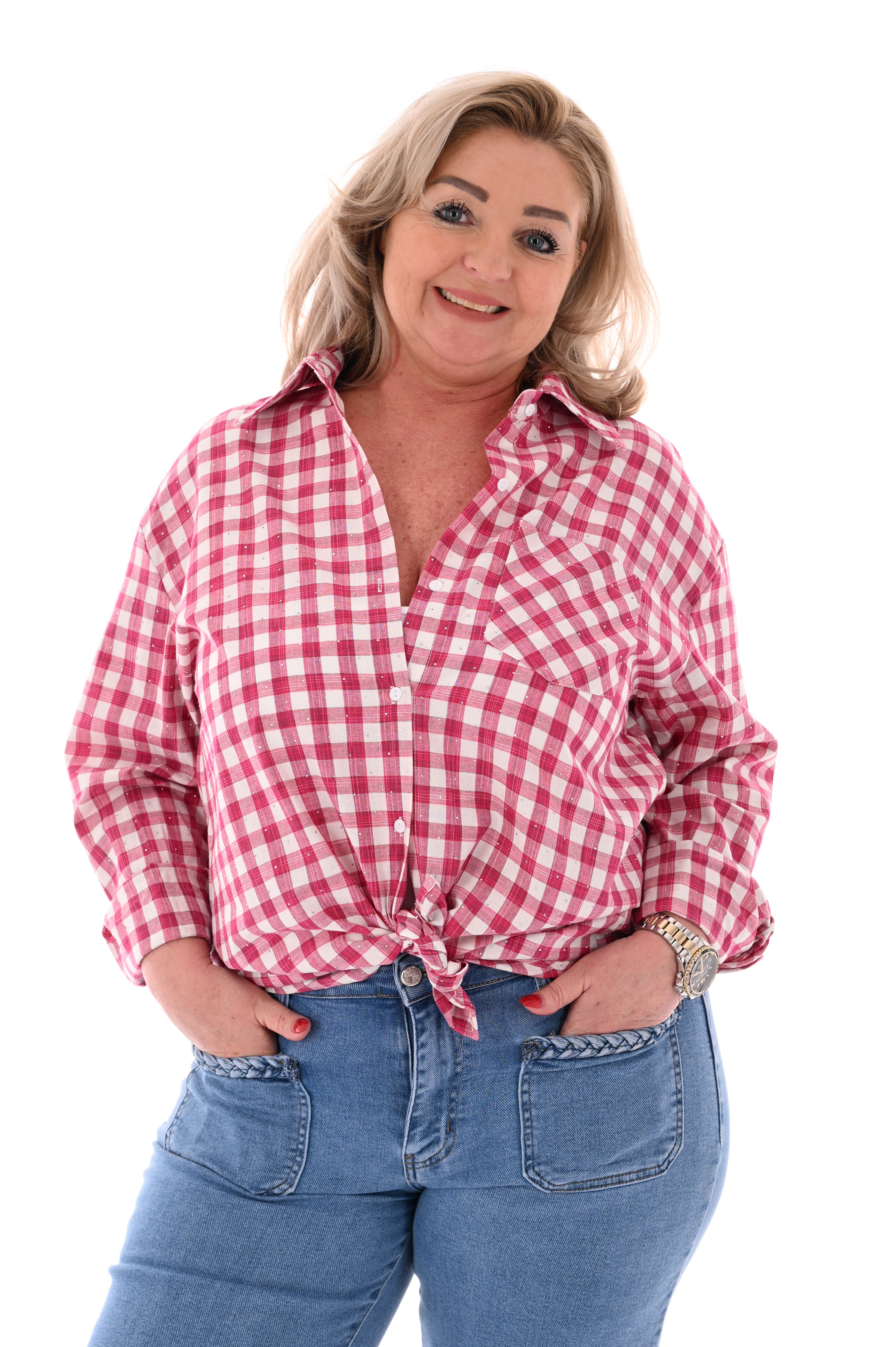 Houthakkers blouse ruitpatroon strass donkerroze