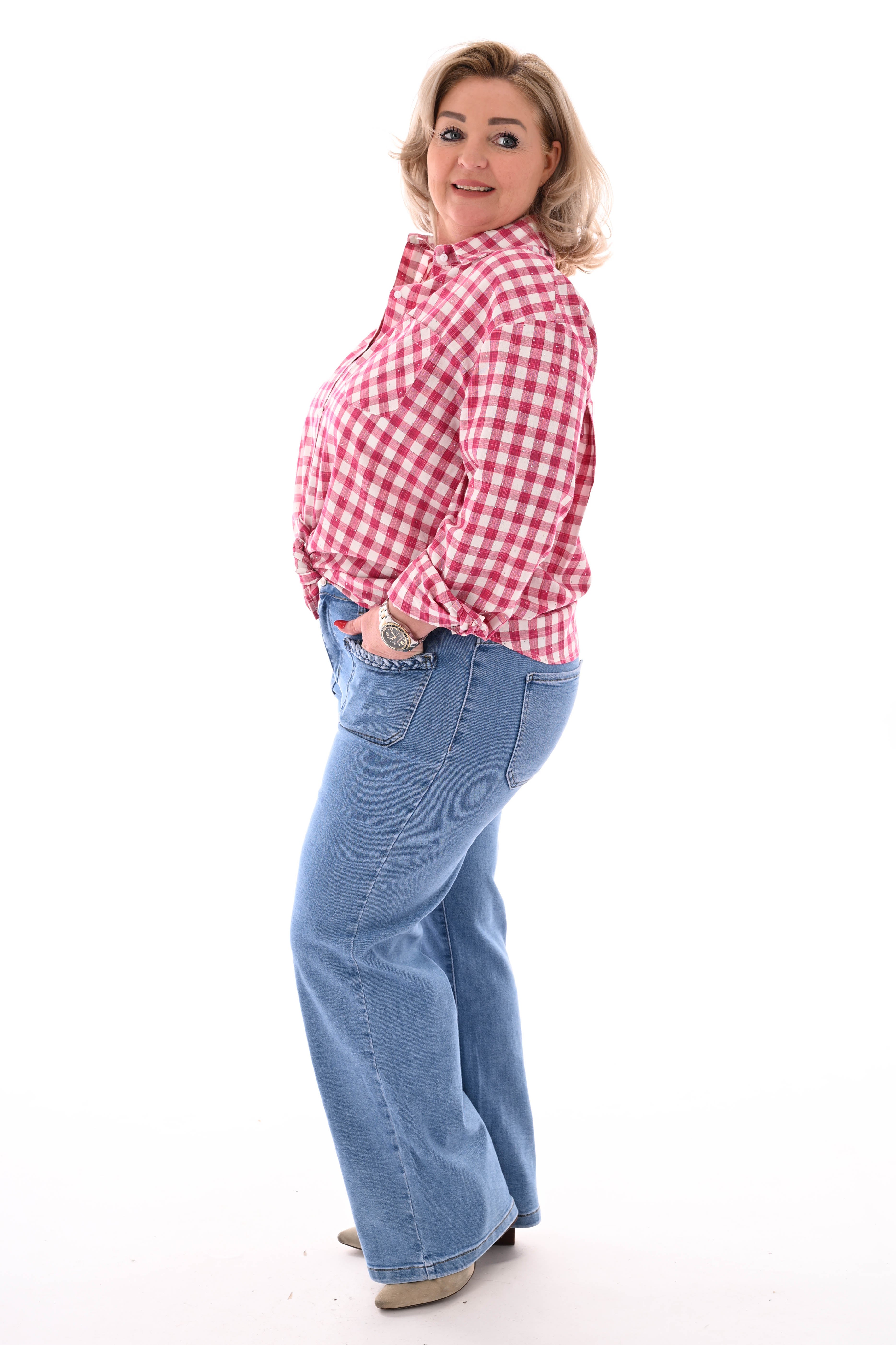 Houthakkers blouse ruitpatroon strass donkerroze