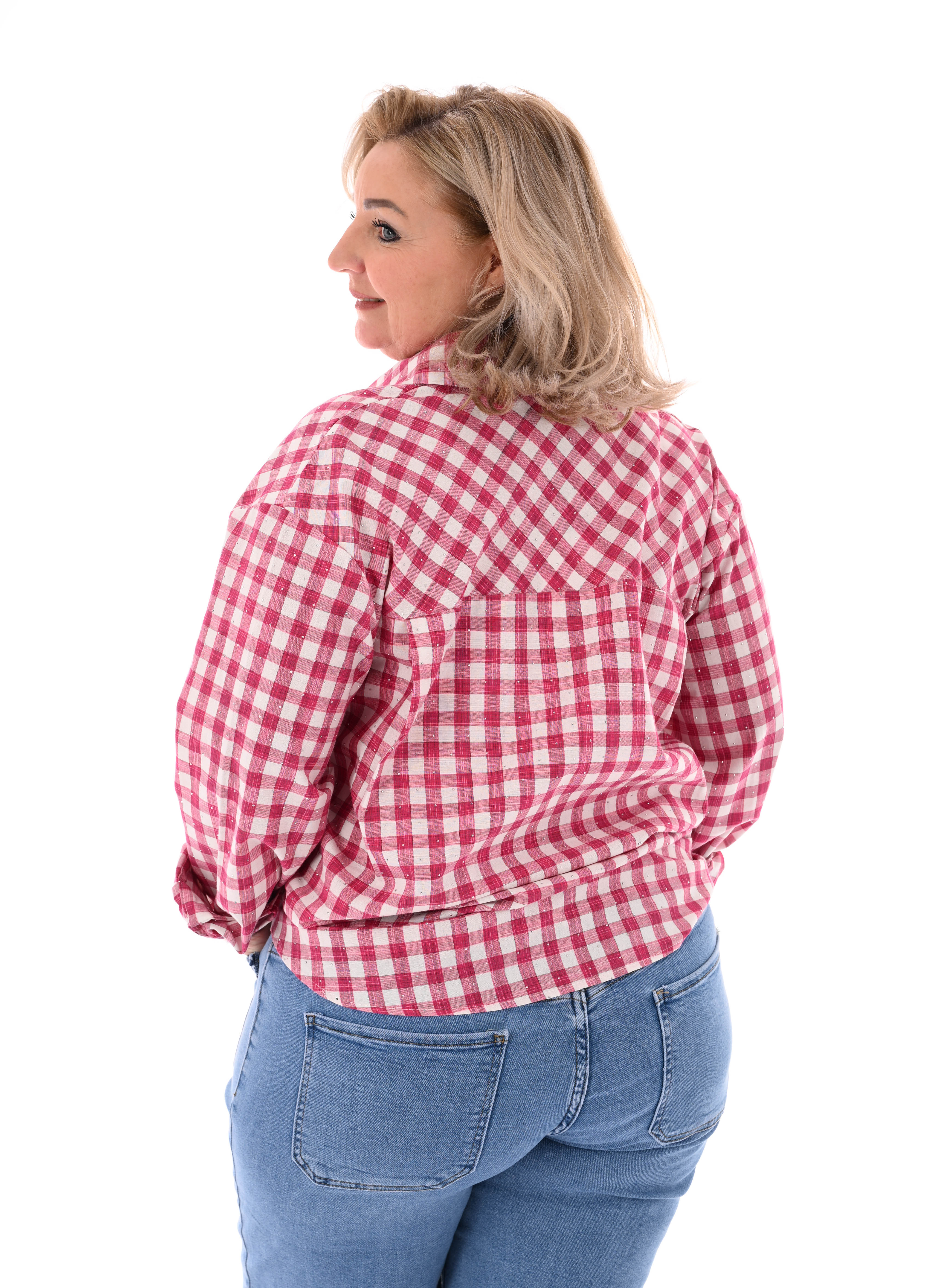 Houthakkers blouse ruitpatroon strass donkerroze