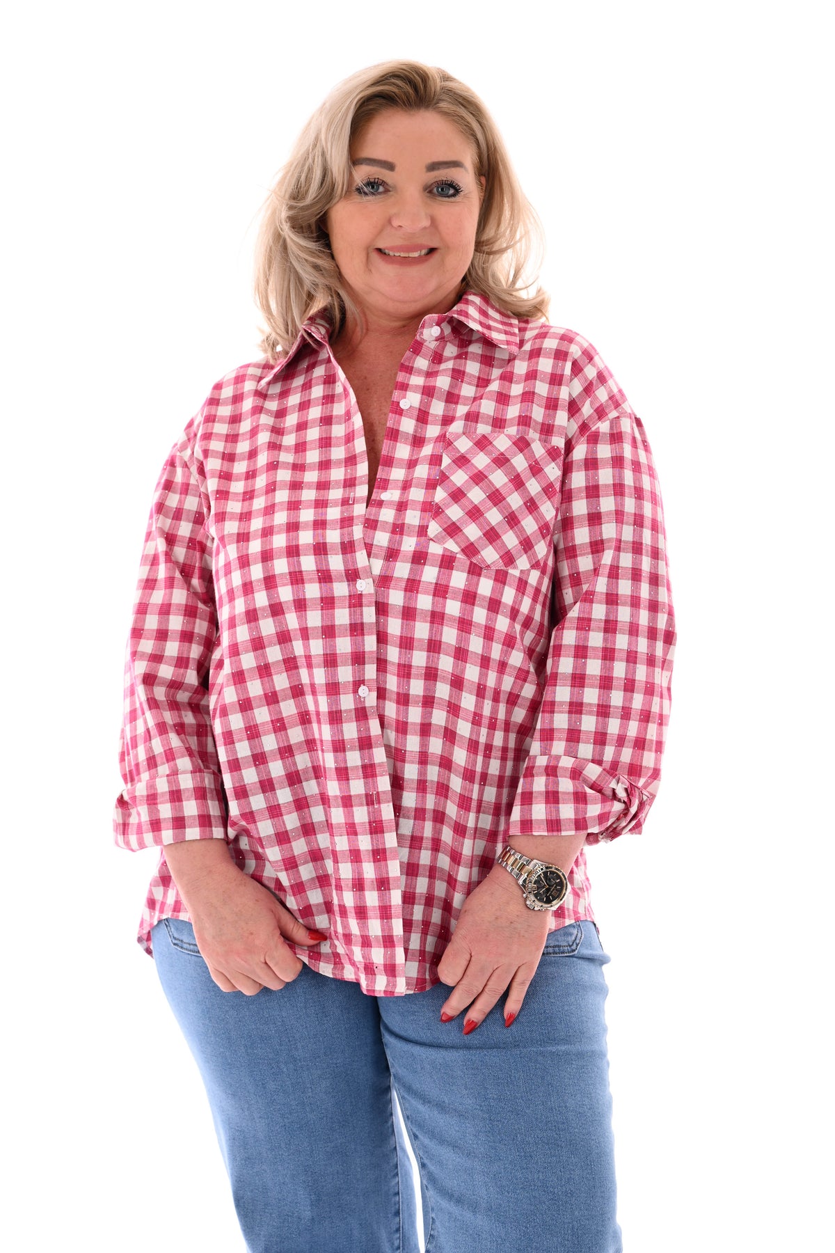 Houthakkers blouse ruitpatroon strass donkerroze