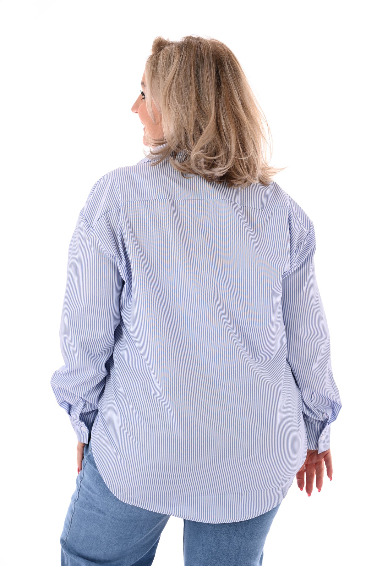 Blouse streepjes en parels lichtblauw