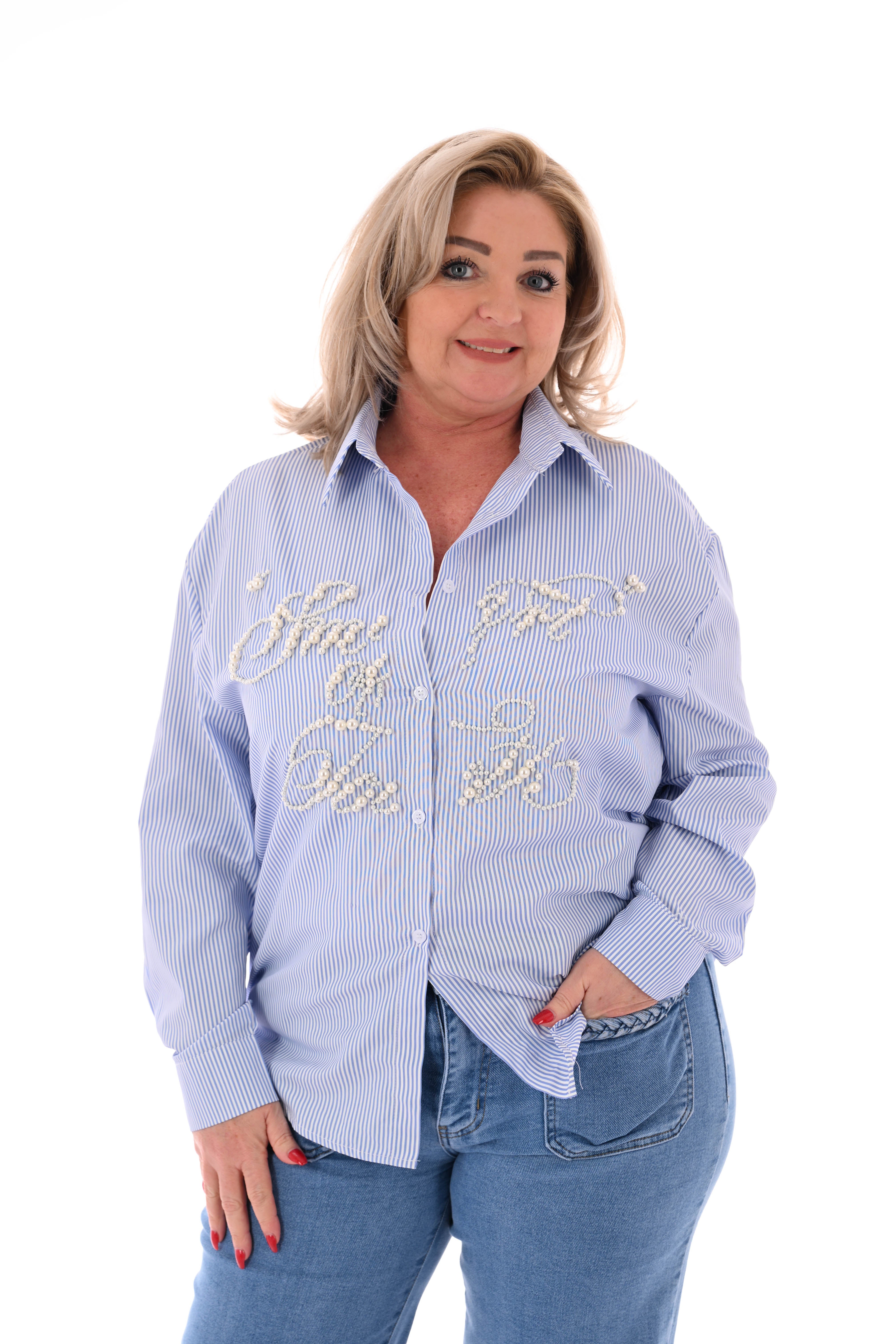 Blouse streepjes en parels lichtblauw