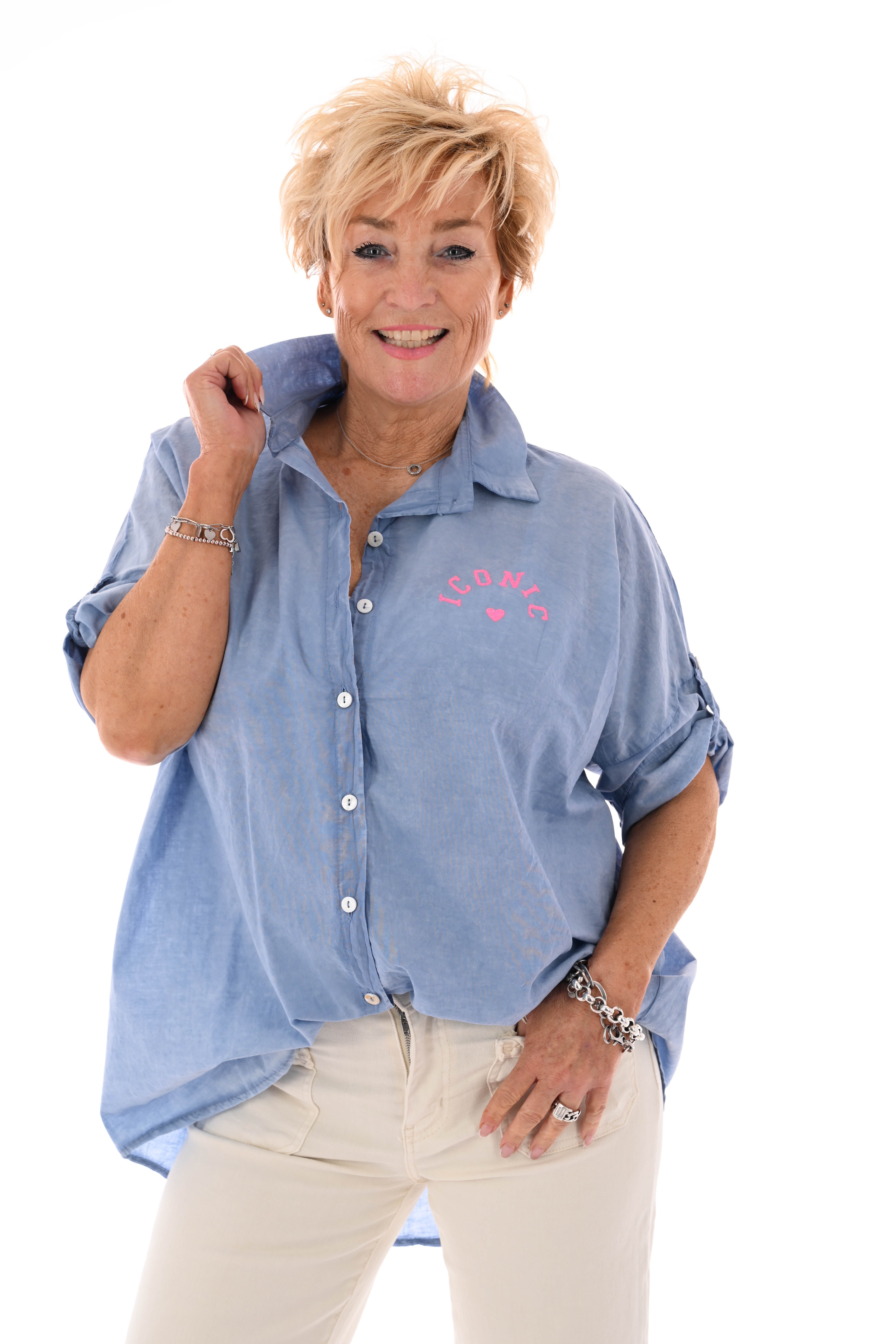 Blouse ophaalmouwen Iconic jeansblauw