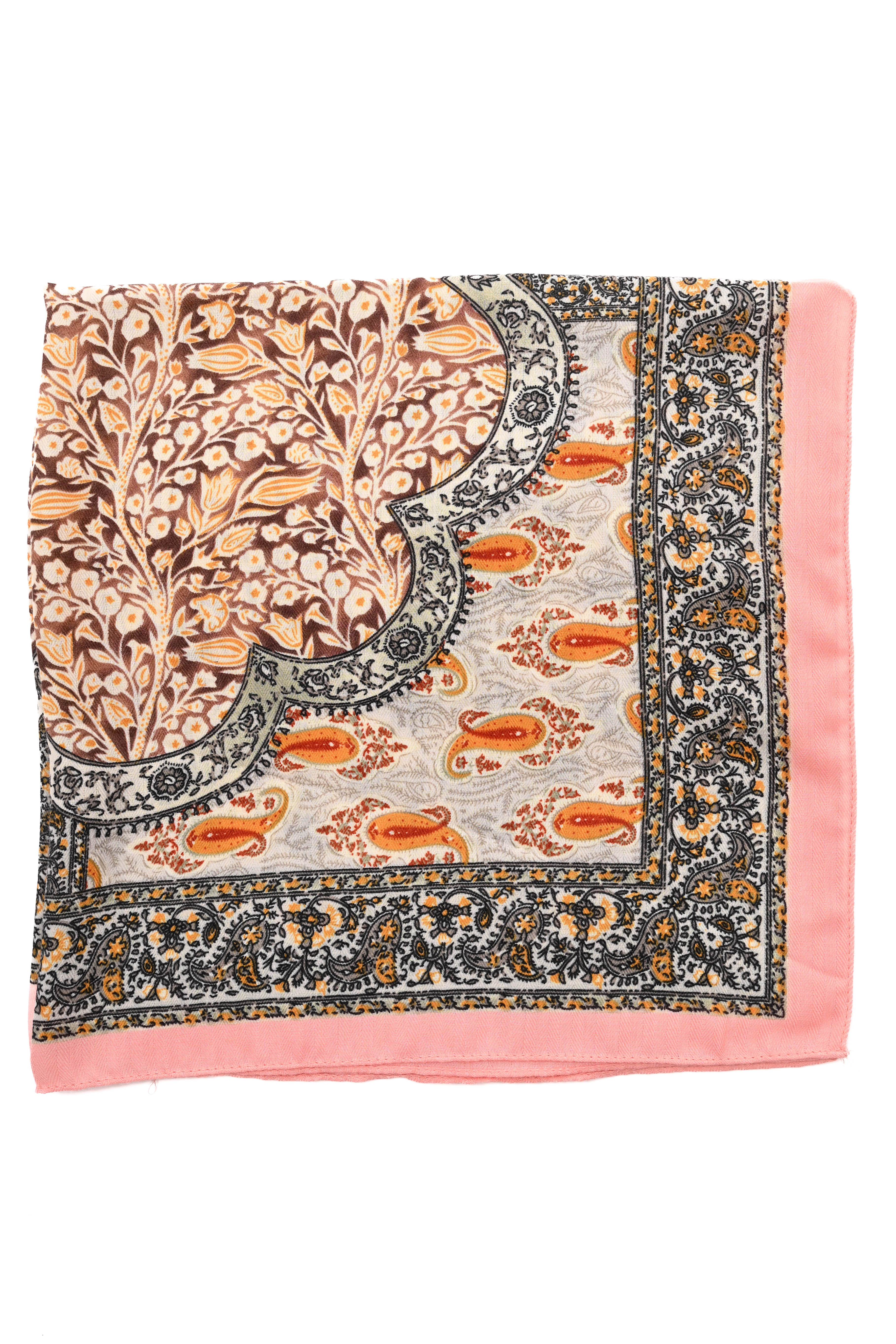 Kort sjaaltje bloemen paisley bruin/roze