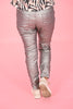 Leather look broek met riem zilver