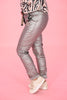 Leather look broek met riem zilver