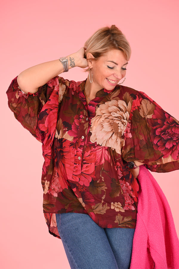 Blouse pofmouwen flower fuchsia