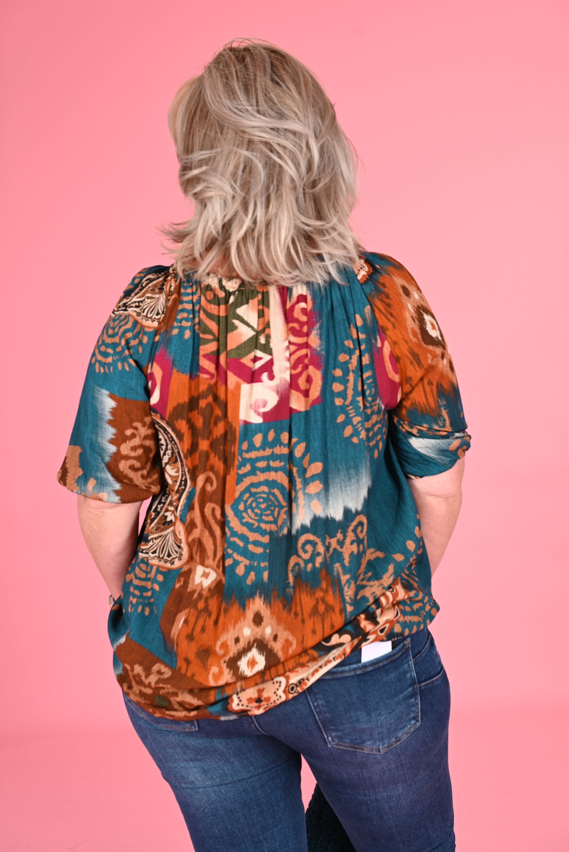 Lange top elastieken hals paisley petrol