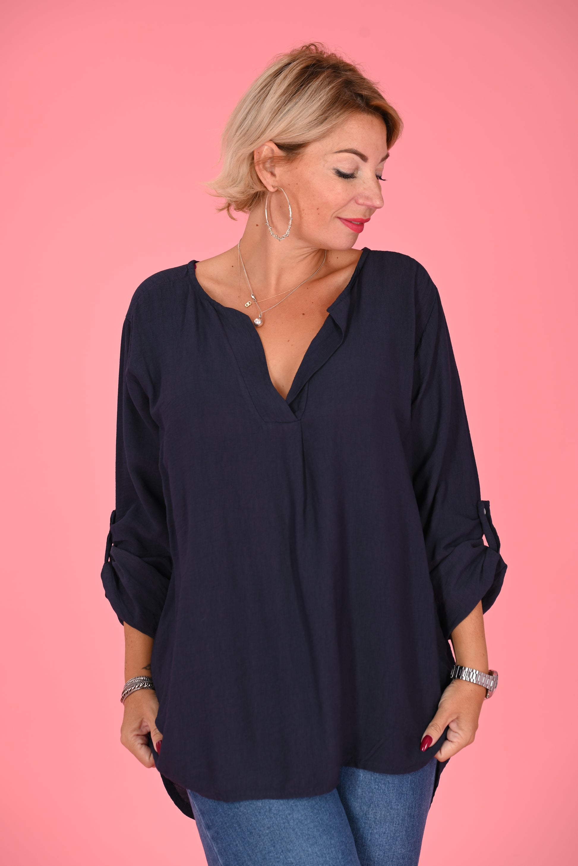 Top viscose ophaalmouwen marineblauw