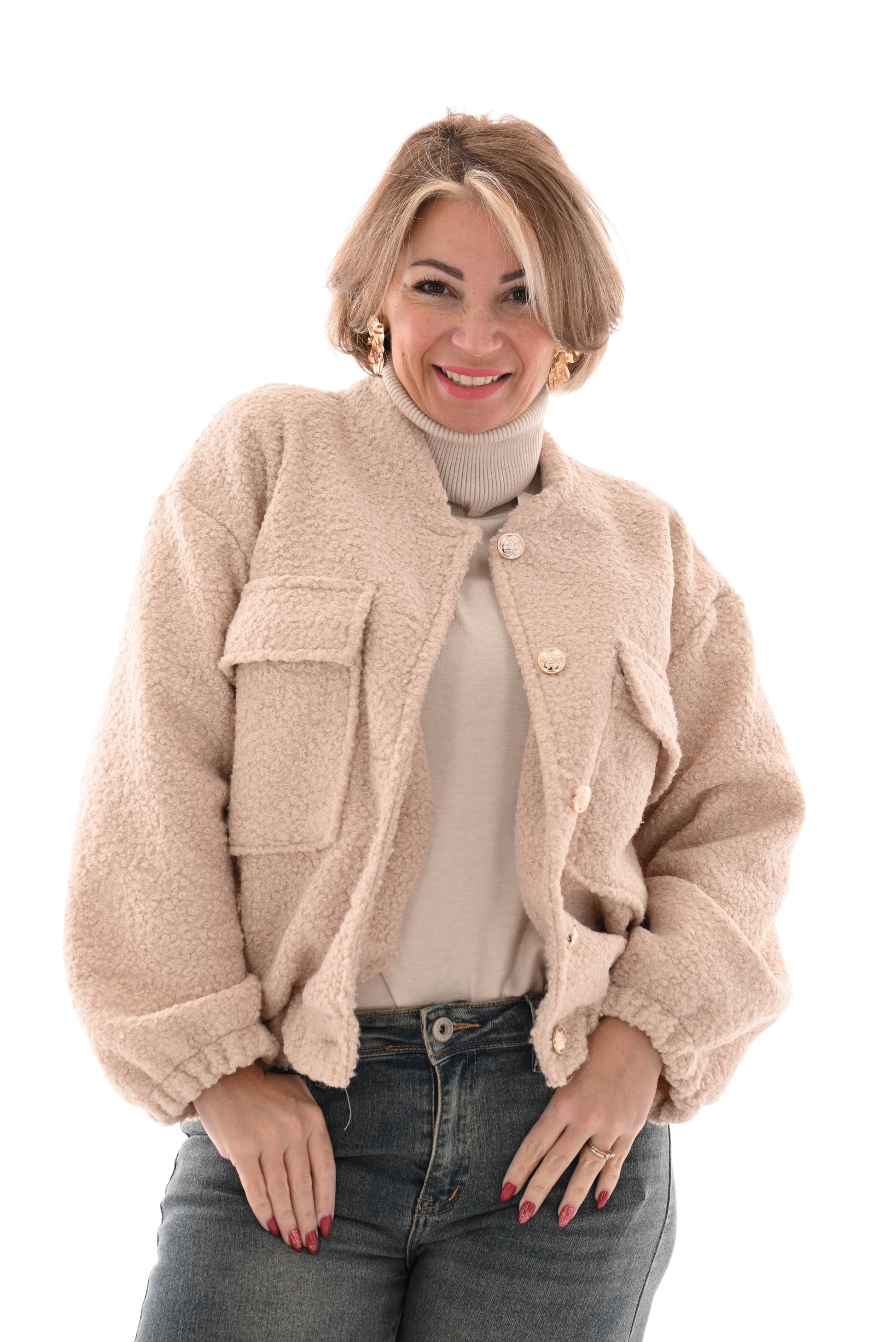 Korte boucle jas beige