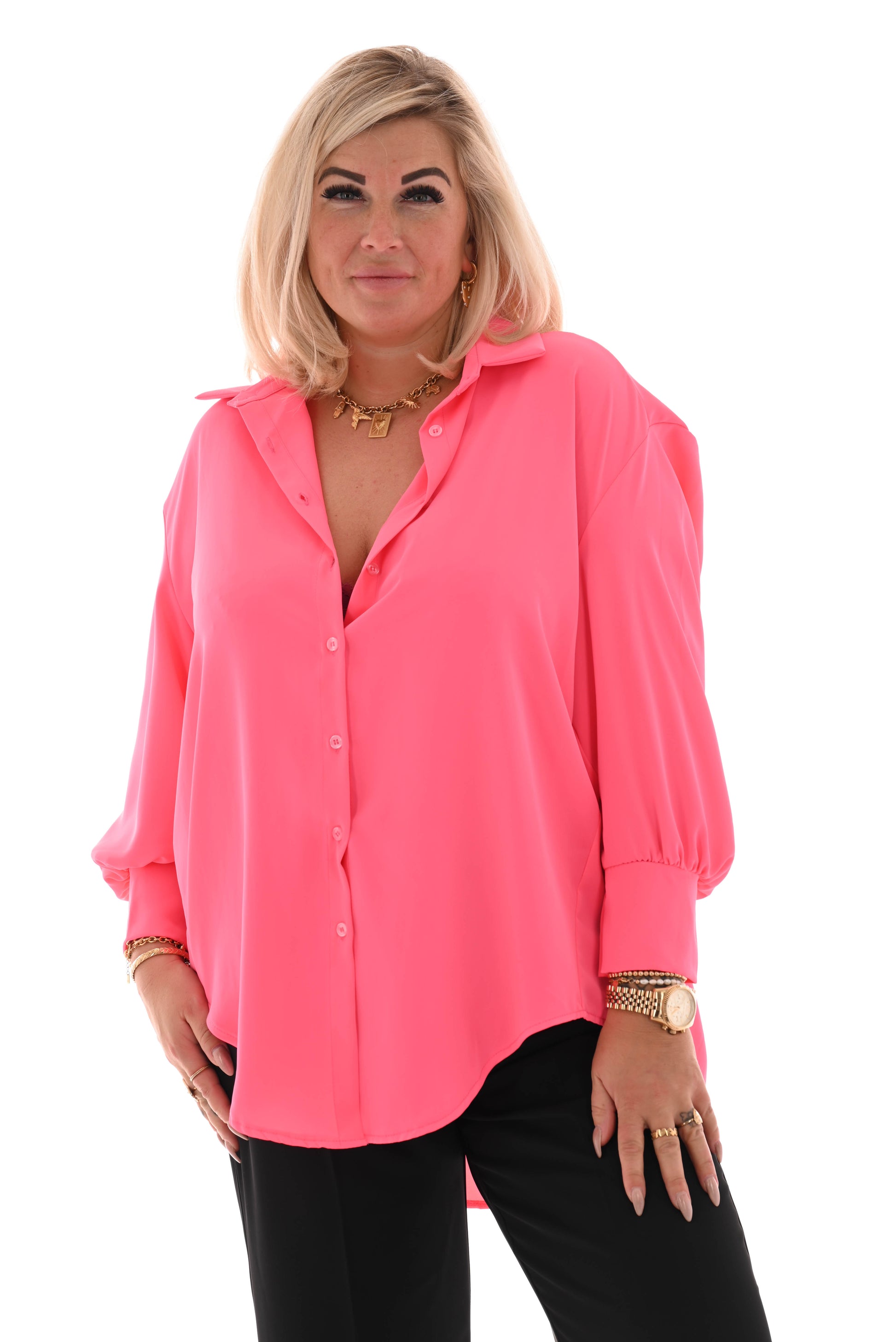 Blouse doorknoop v-hals uni felroze