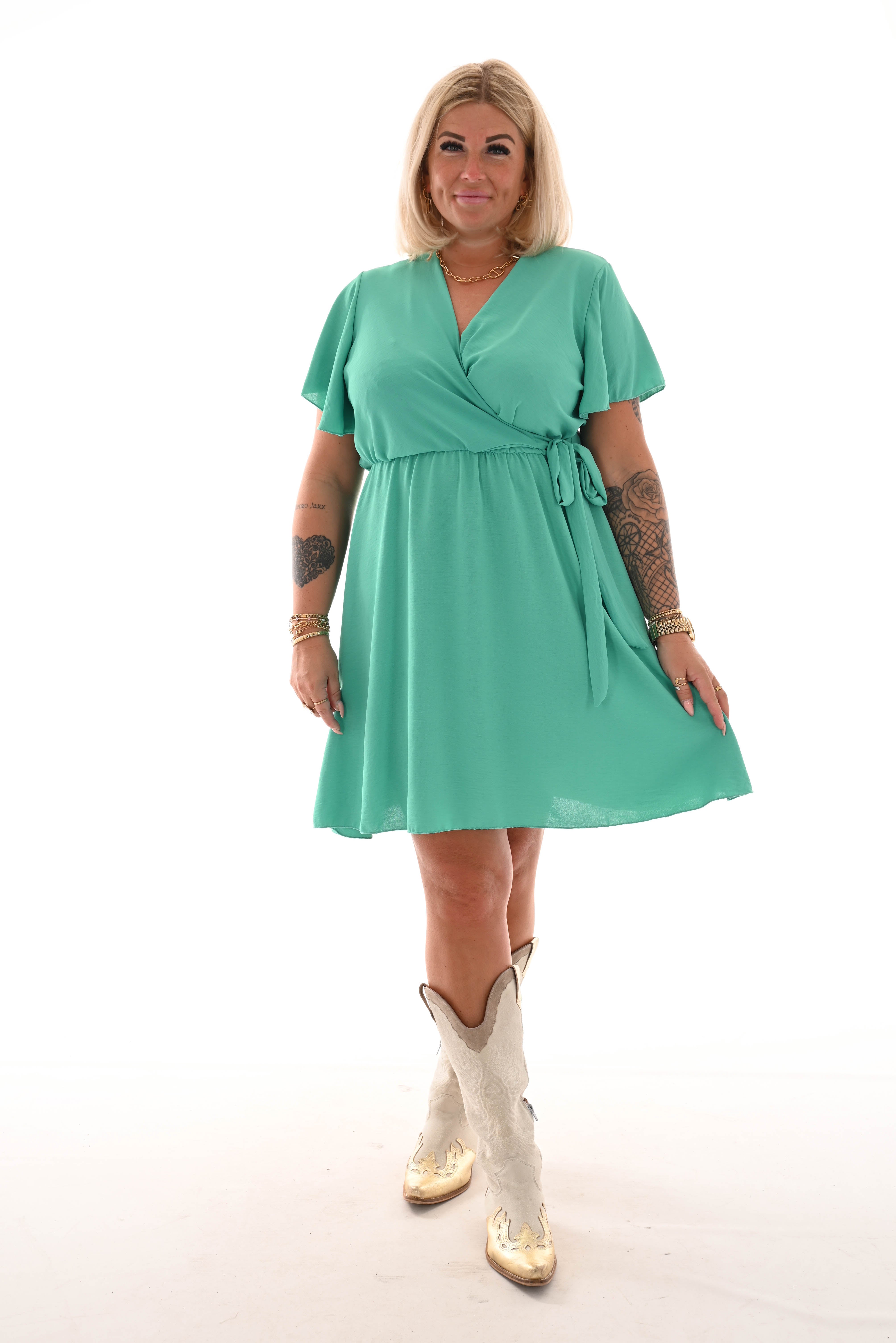 Korte jurk met strik uni turquoise