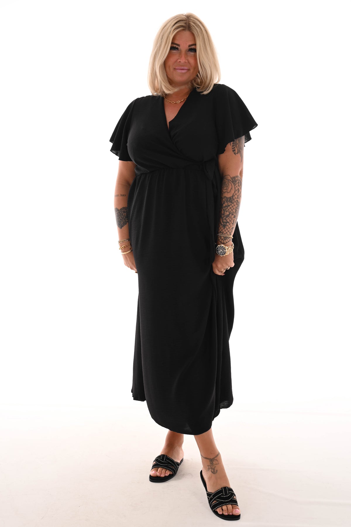 Maxi jurk met strik uni zwart