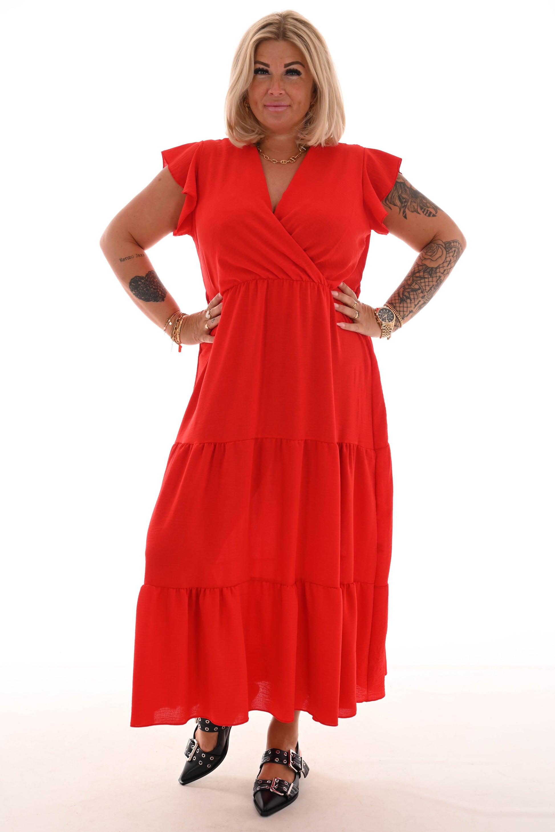 Maxi jurk stroken uni rood