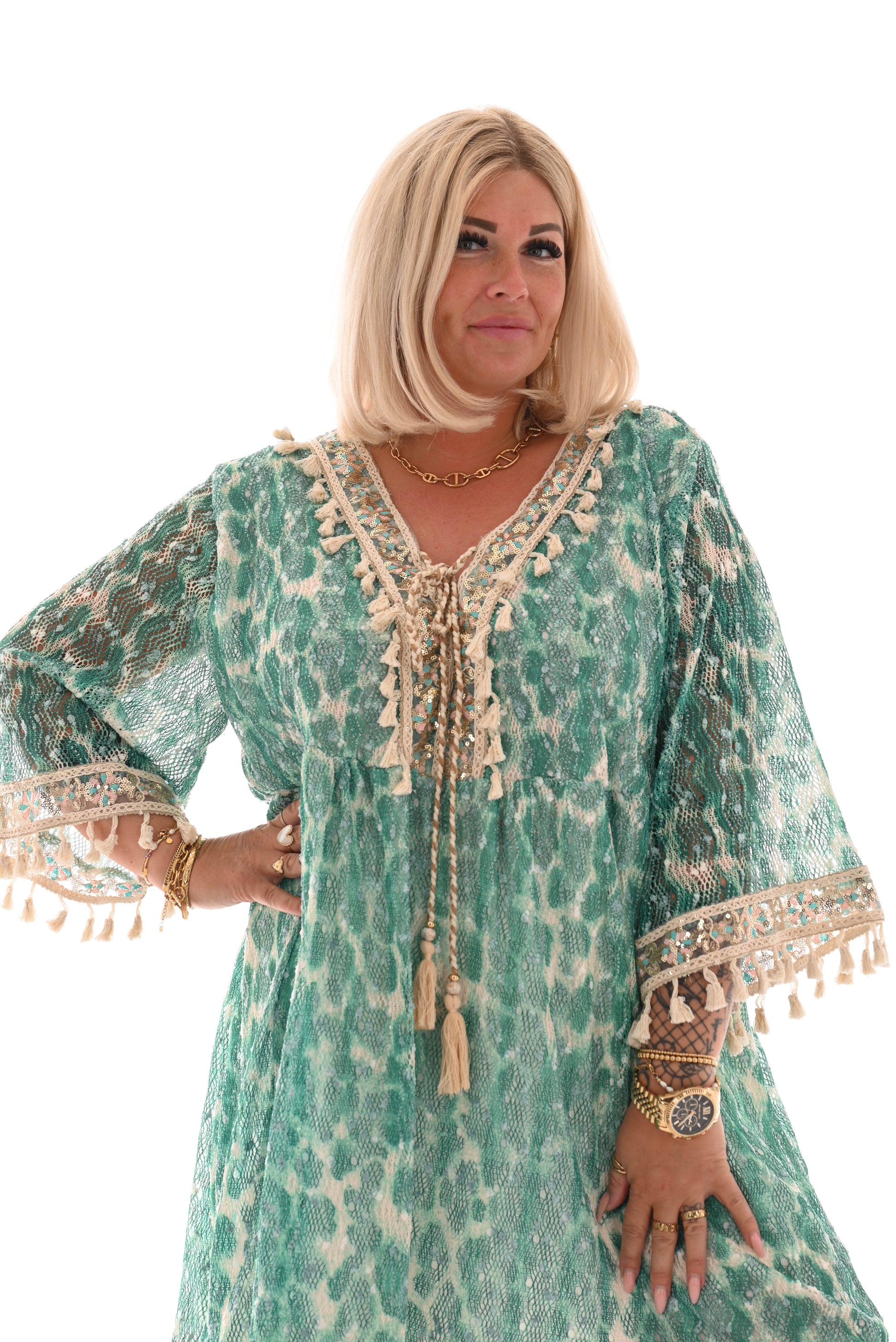Boho jurkje kwastjes groen
