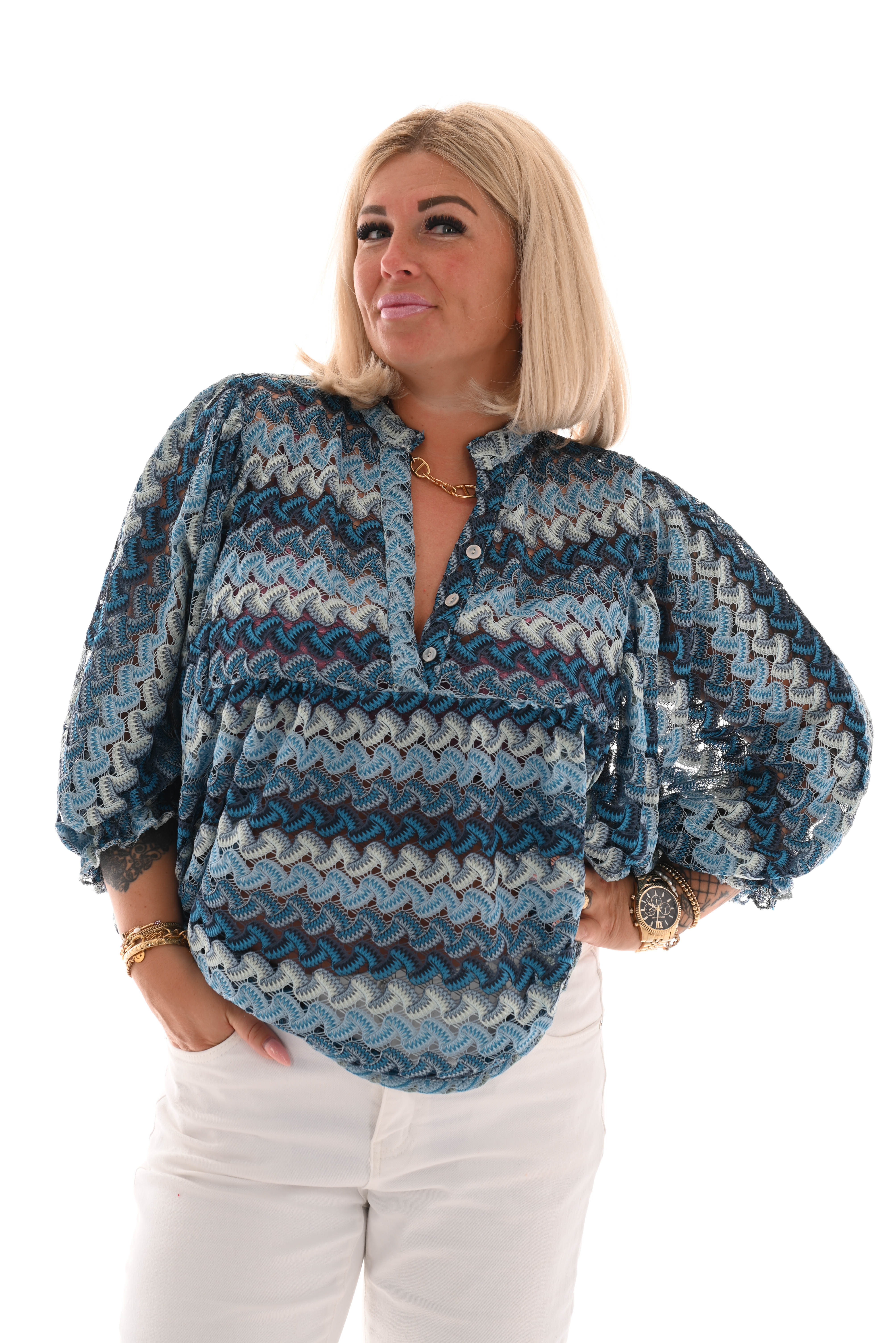 Gehaakte top golven lichtblauw/donkerblauw
