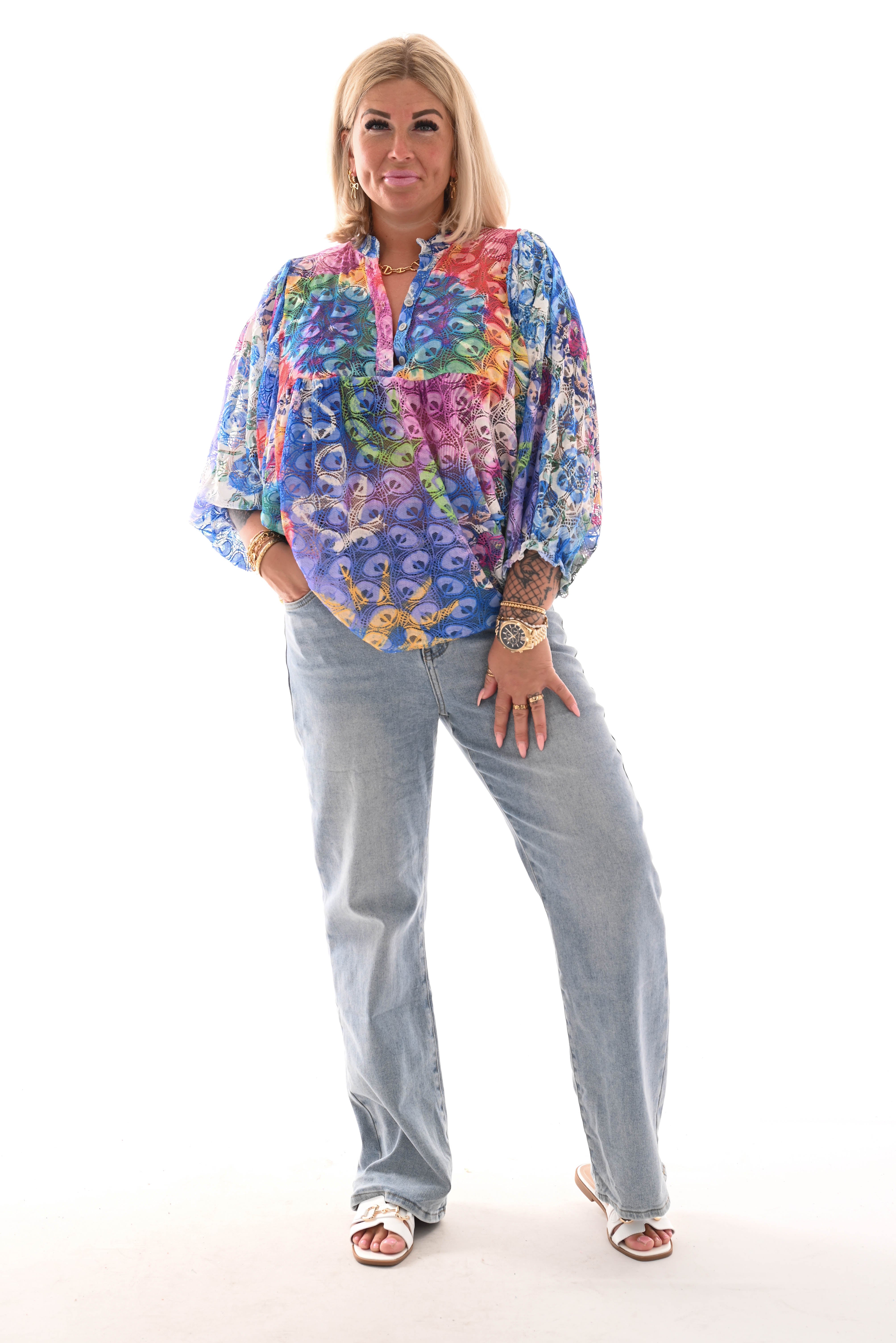 Multi colour top volante mouwen kobaltblauw