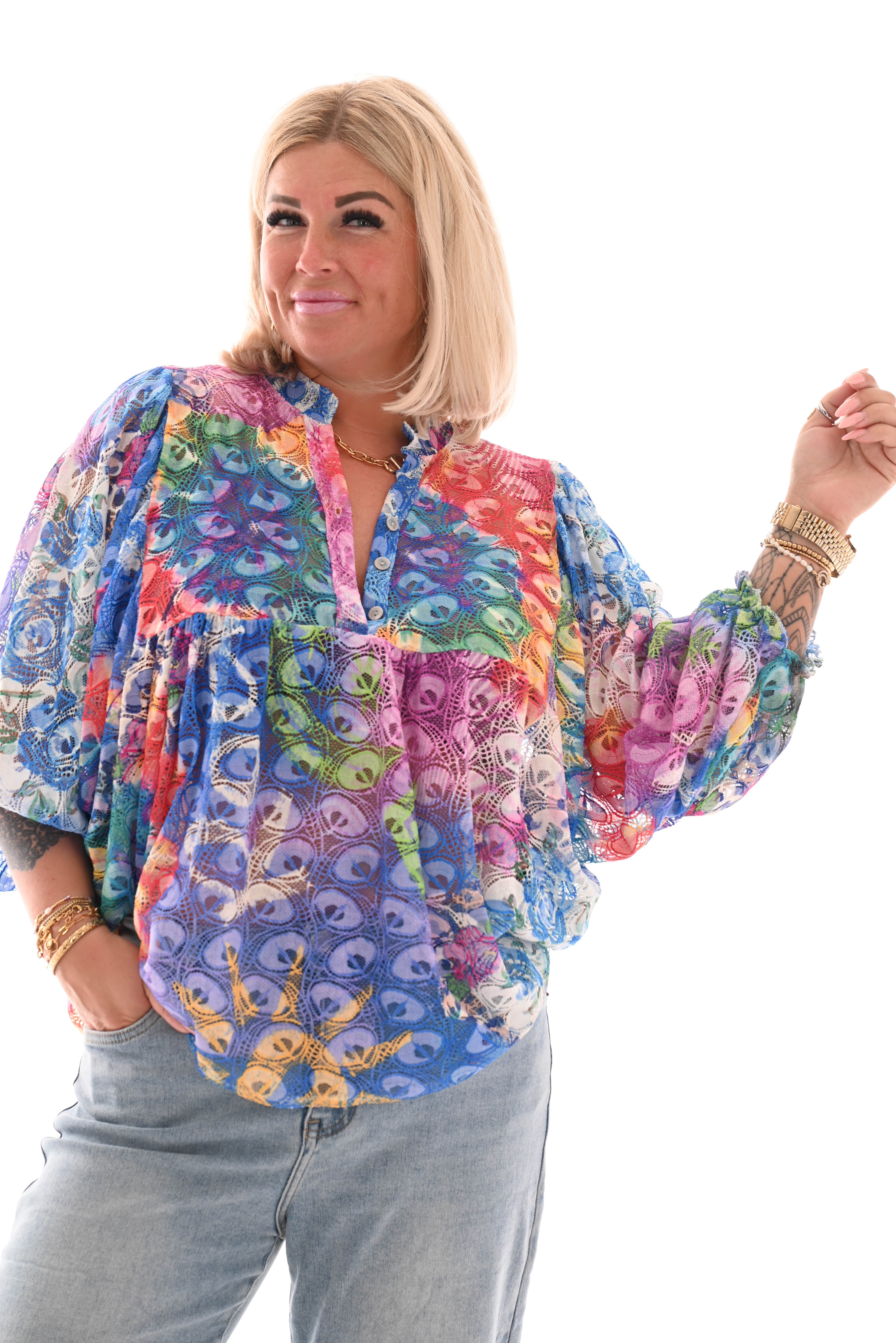 Multi colour top volante mouwen kobaltblauw