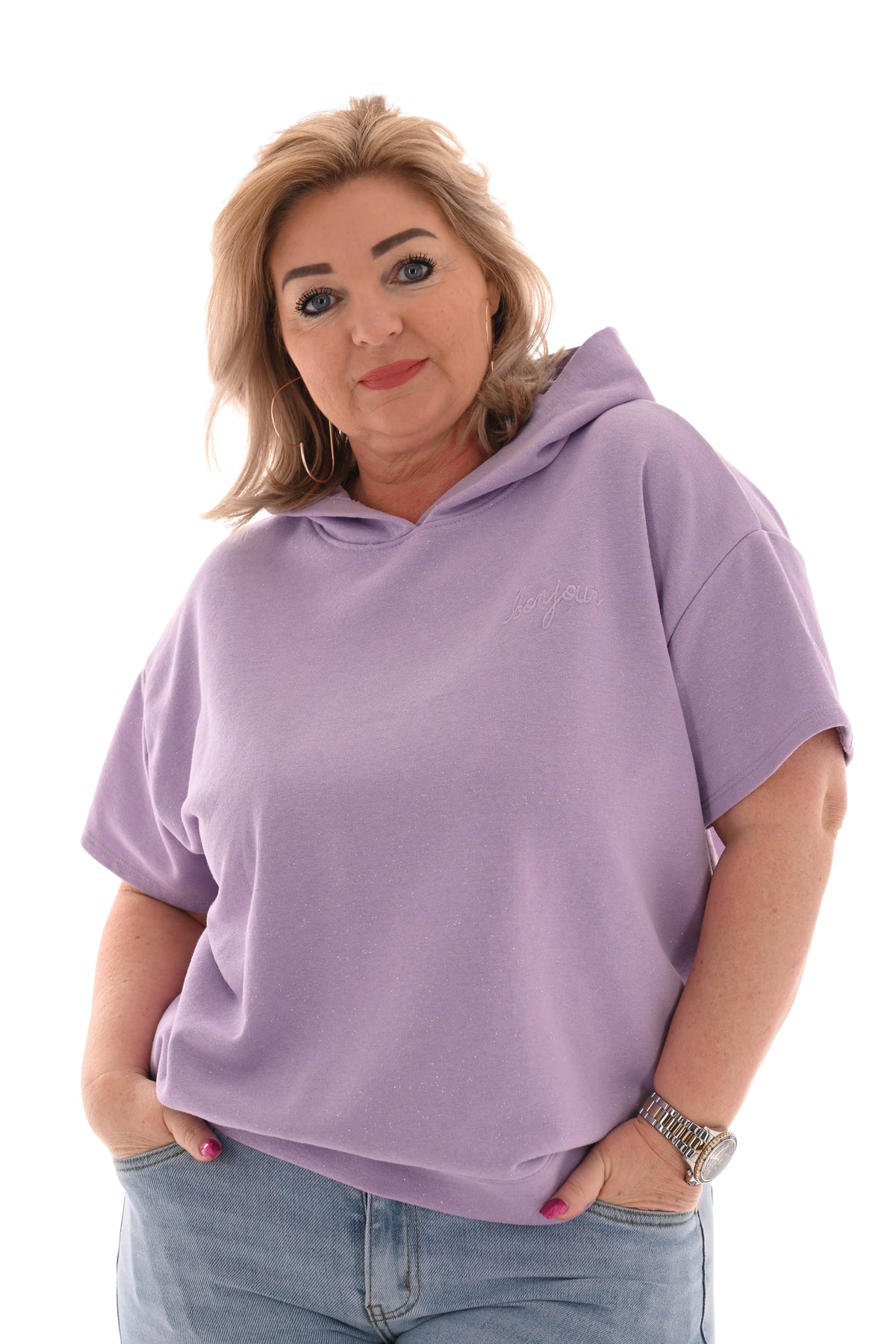 Hoodie korte mouwen bonjour lila