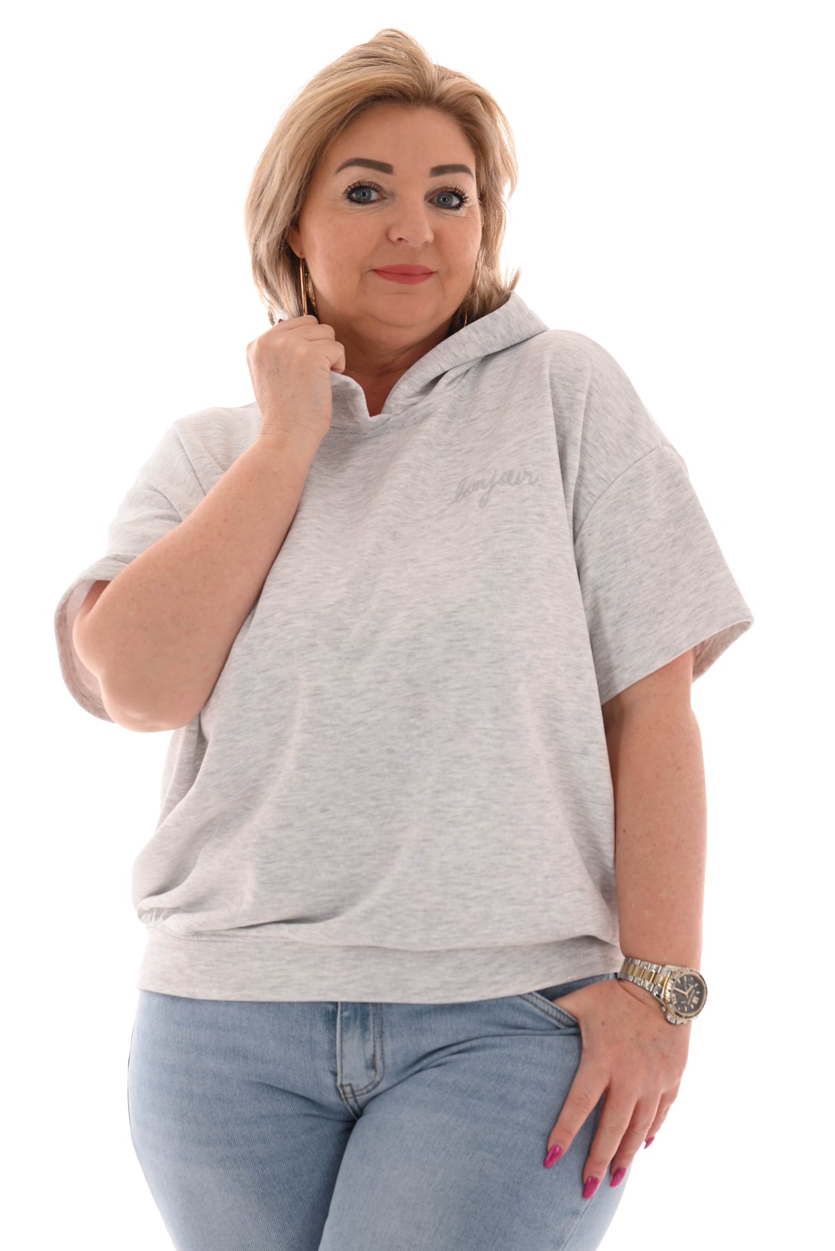 Hoodie korte mouwen bonjour lichtgrijs
