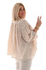 Top met trompetmouwen en kant beige