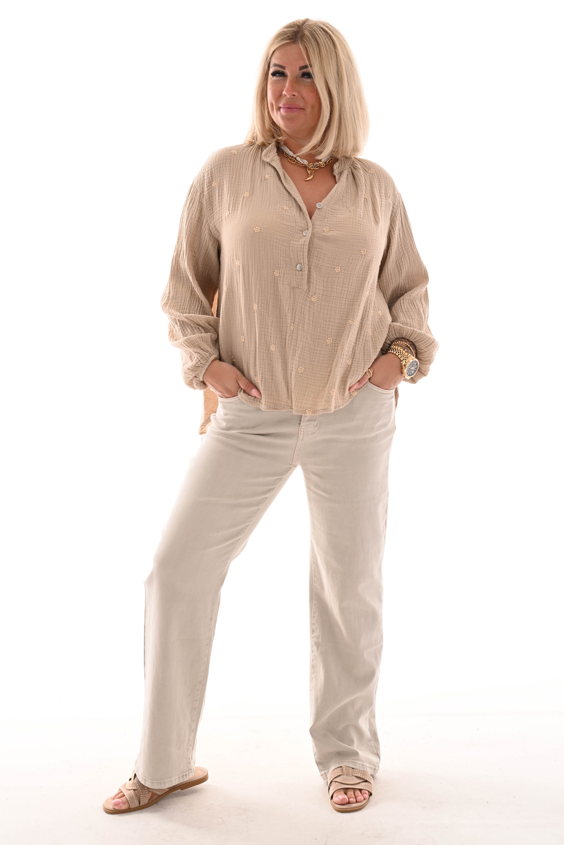 Top v-hals gouden bloemetjes beige
